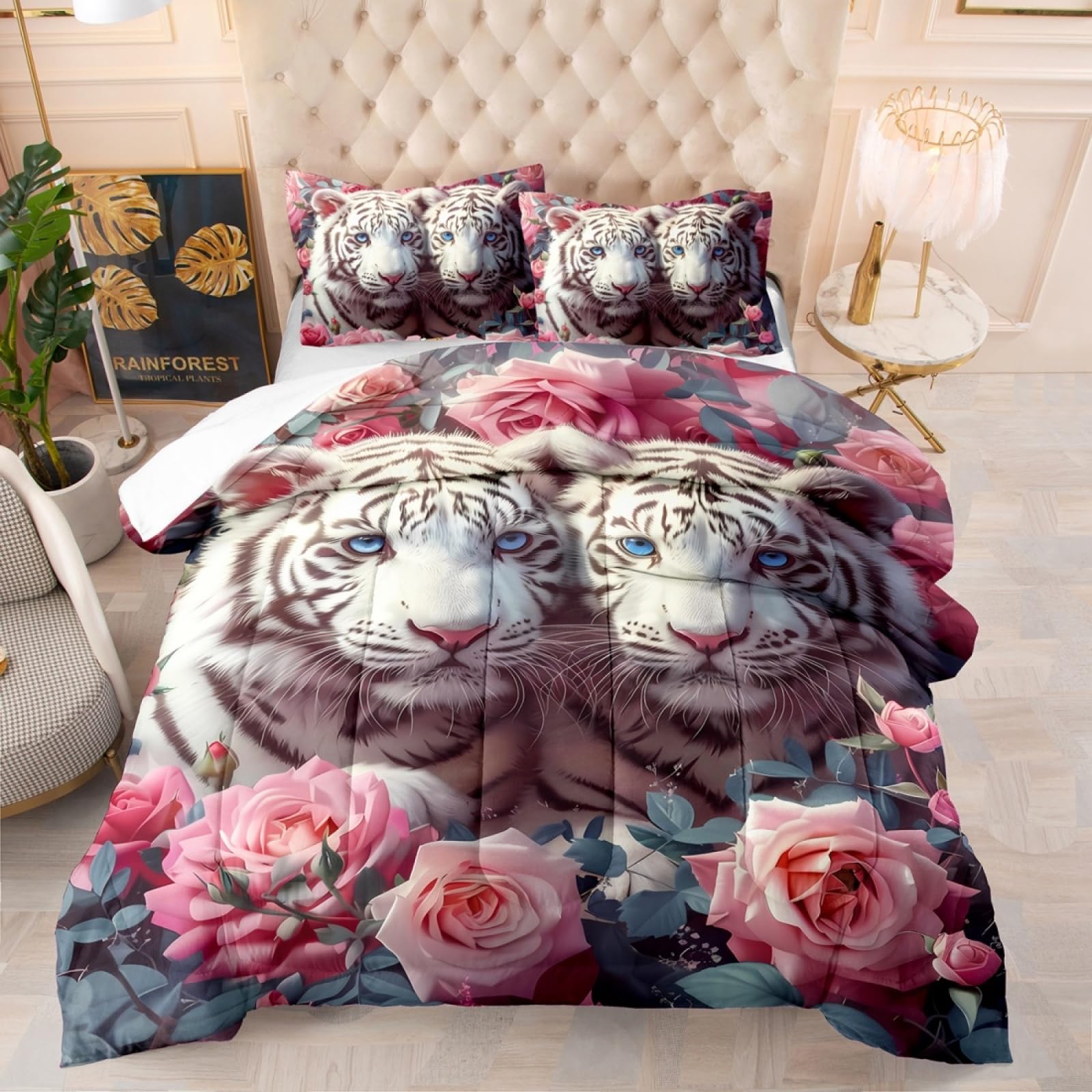 Duvet Rosa Blanca Tigre Edredon Microfibra Funda Nordica Transpirable Colcha 4 Temporadas Colchas Lavable Duradero Colcha Cama+2 Fundas de Almohada (50x75cm) 140x200cm