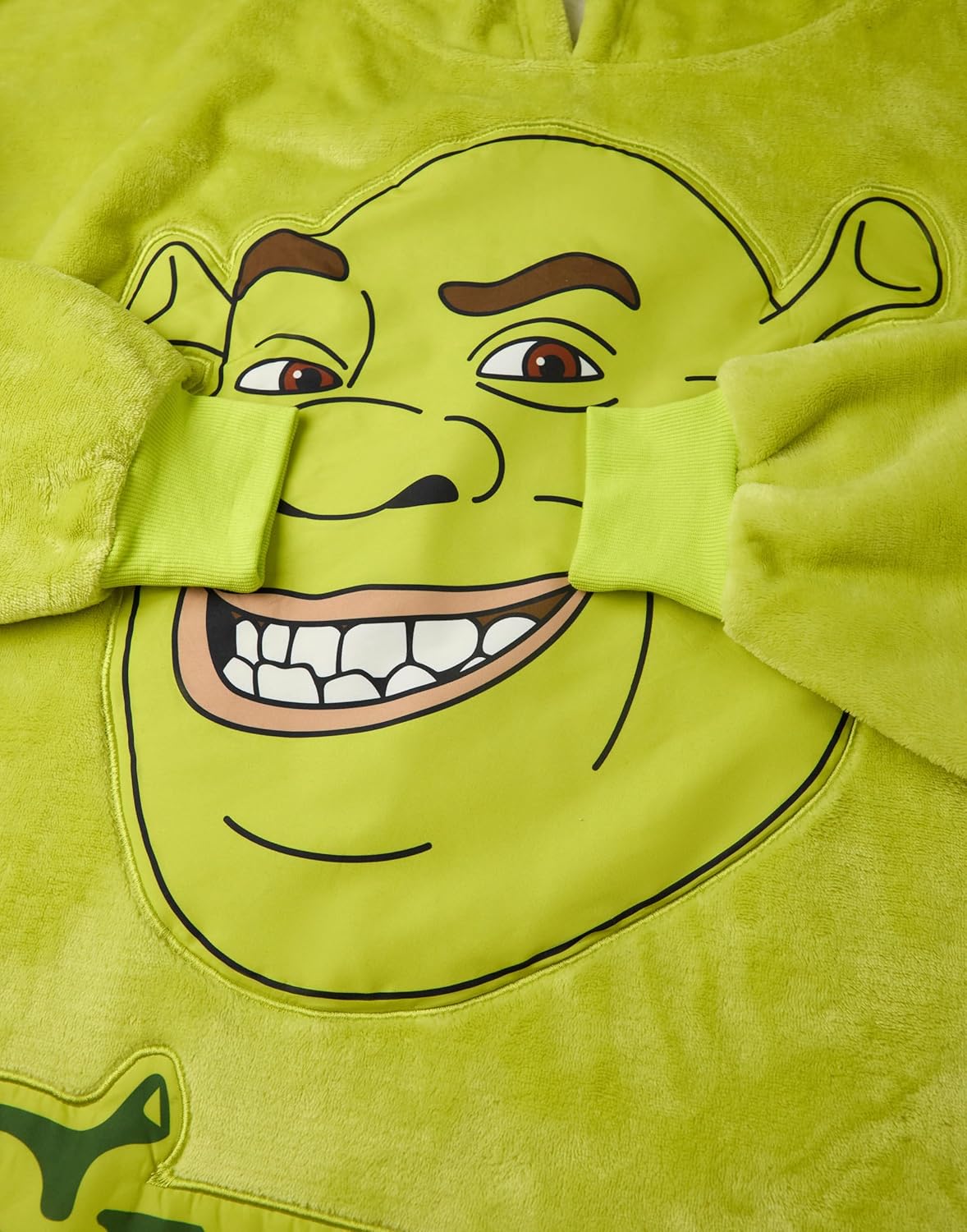 Vanilla Underground Shrek Wearable Blanket Hoodie | Adults Green Hooded with Shrek Character Face Graphics Sherpa Lined Loungewear with 3D Ears