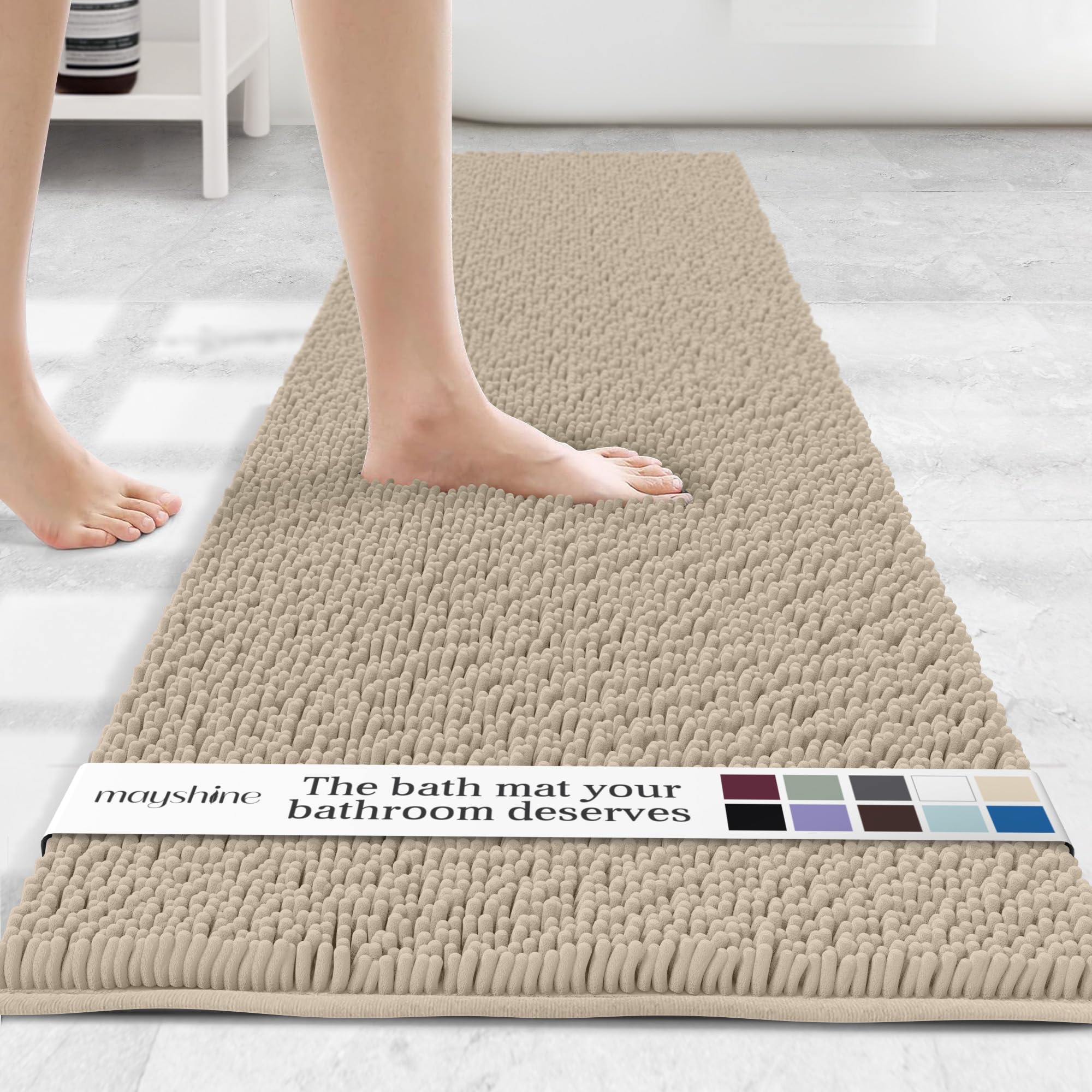 MAYSHINE Runner Plush Shaggy Chenille Bath Mat 71"x31" Extra Soft, Super Absorbent, Non-Slip Bathroom Rug | Fluffy Microfiber, Area Rug Sets for Bathroom Floor, Kitchen, Living Room | Beige