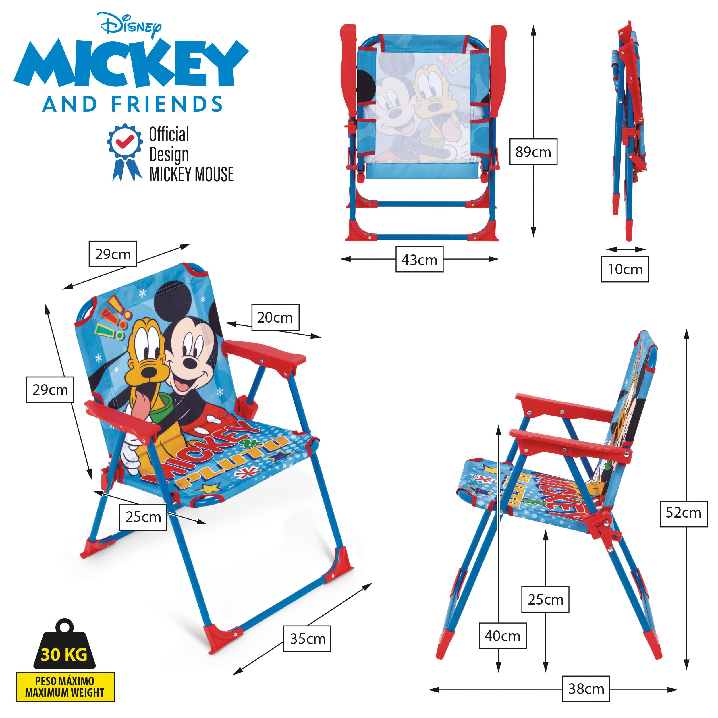 ARDITEX Silla Plegable Infantil Mickey Mouse Disney. Silla Exterior para Playa, Jardín y Terraza. Estructura Metálica, Apoyabrazos de Plástico y Asiento Lona 38 x 32 x 53 cm Azul, WD16174