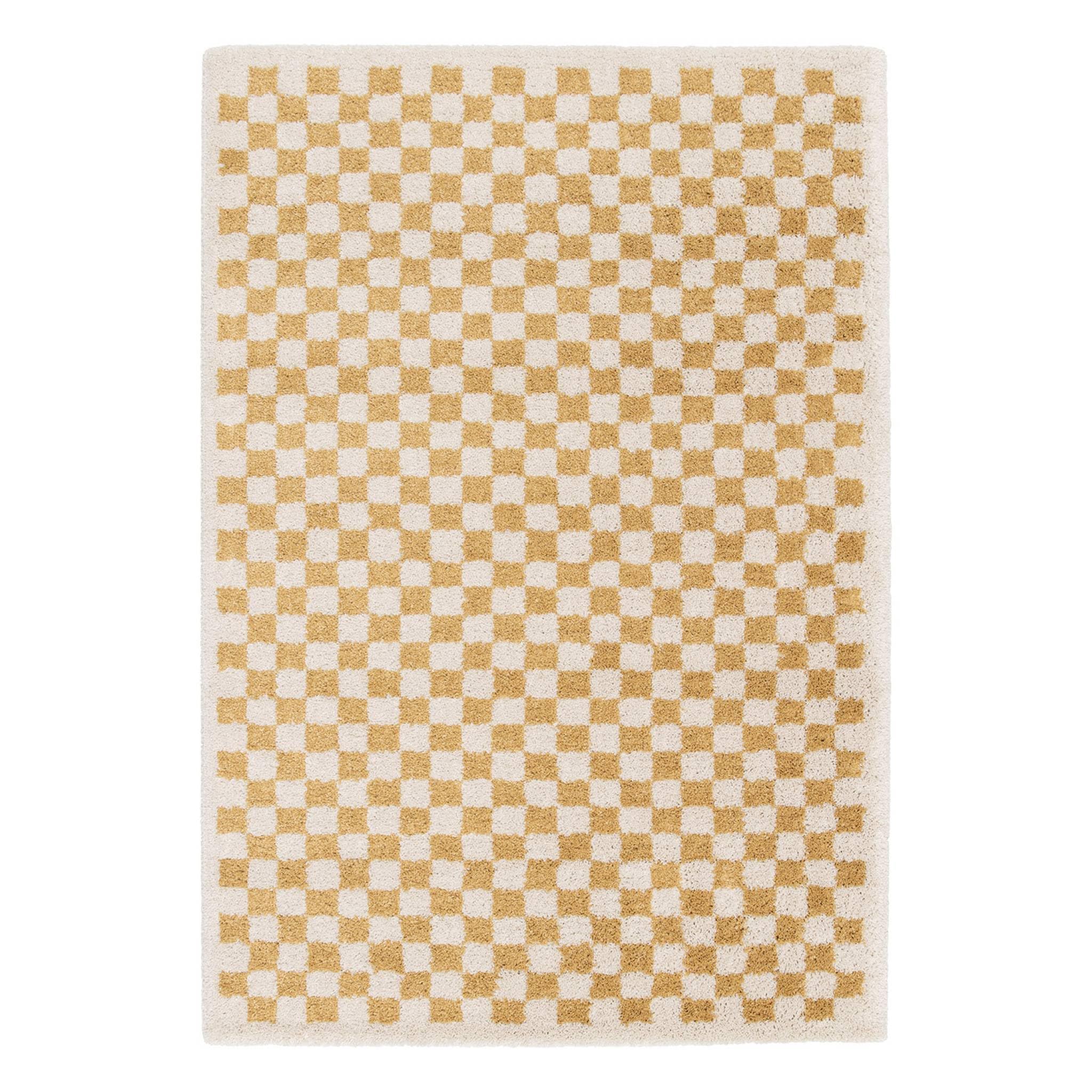sweeek - Tapis intérieur Shaggy Poils Longs 160x230cm Damier Jaune Moutarde et crème