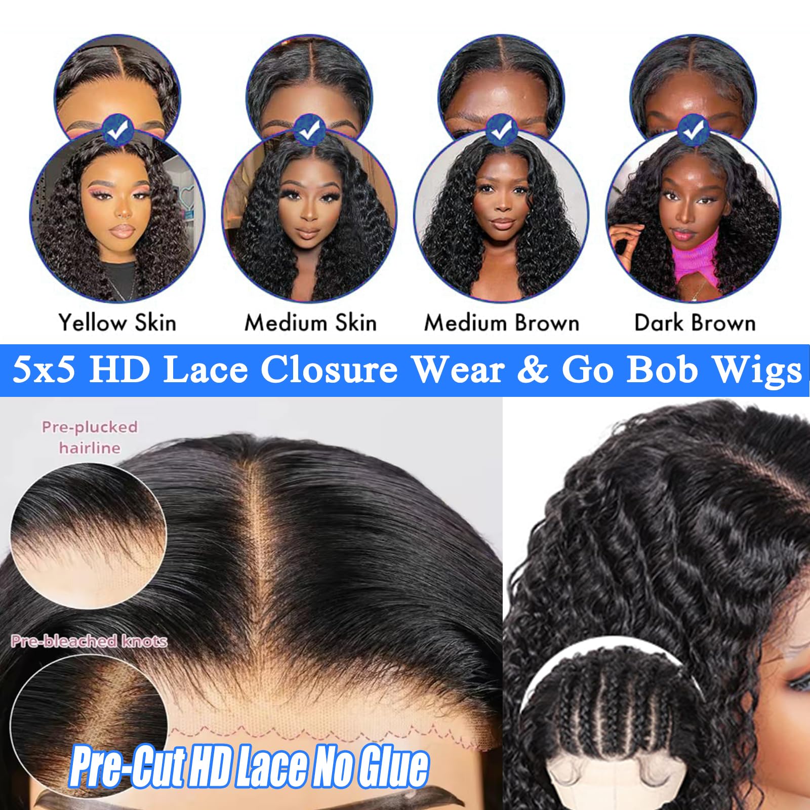 Wear and Go Parrucca Bob Capelli umani Onda profonda Parrucche senza colla Capelli umani Pre pizzicati Pre Tagliati 5x5 HD Chiusura in pizzo Parrucche ricci per donne nere Pizzo Frontale