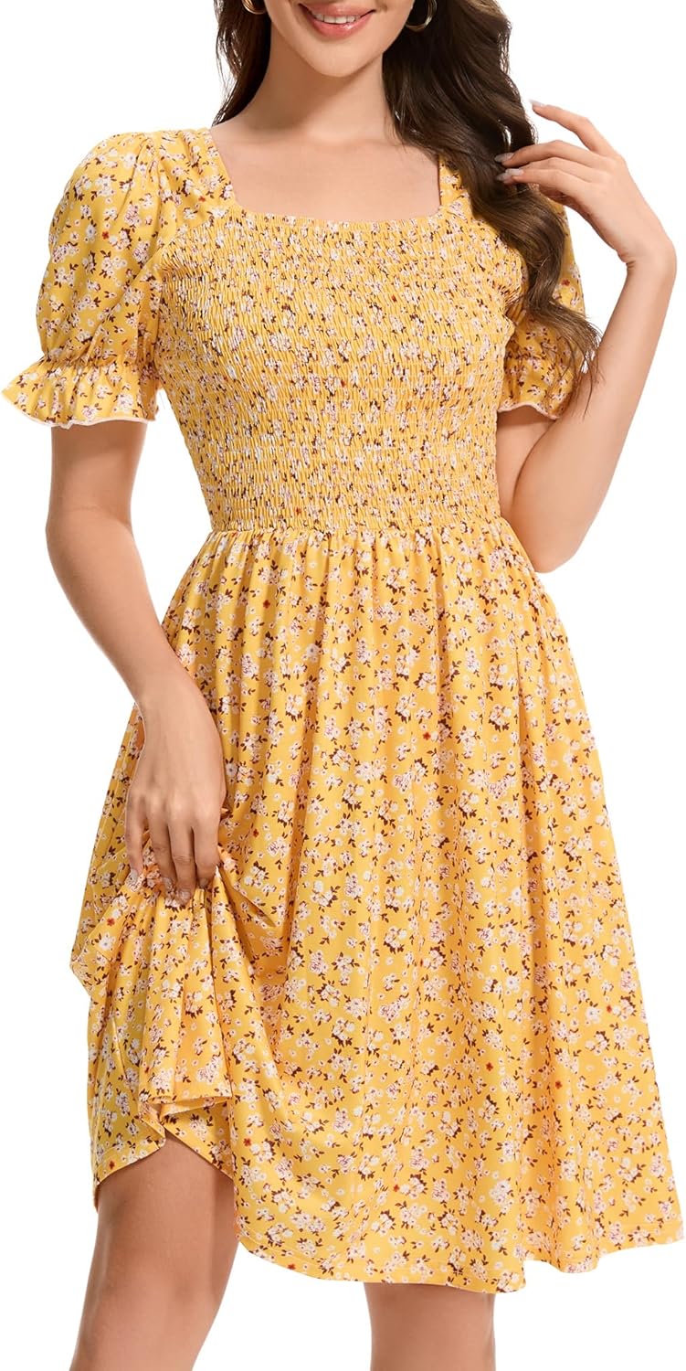 Womens Summer Dress- Square Neck Puff Sleeve Smocked Ruffle Hem A-line Mini Short Dresses