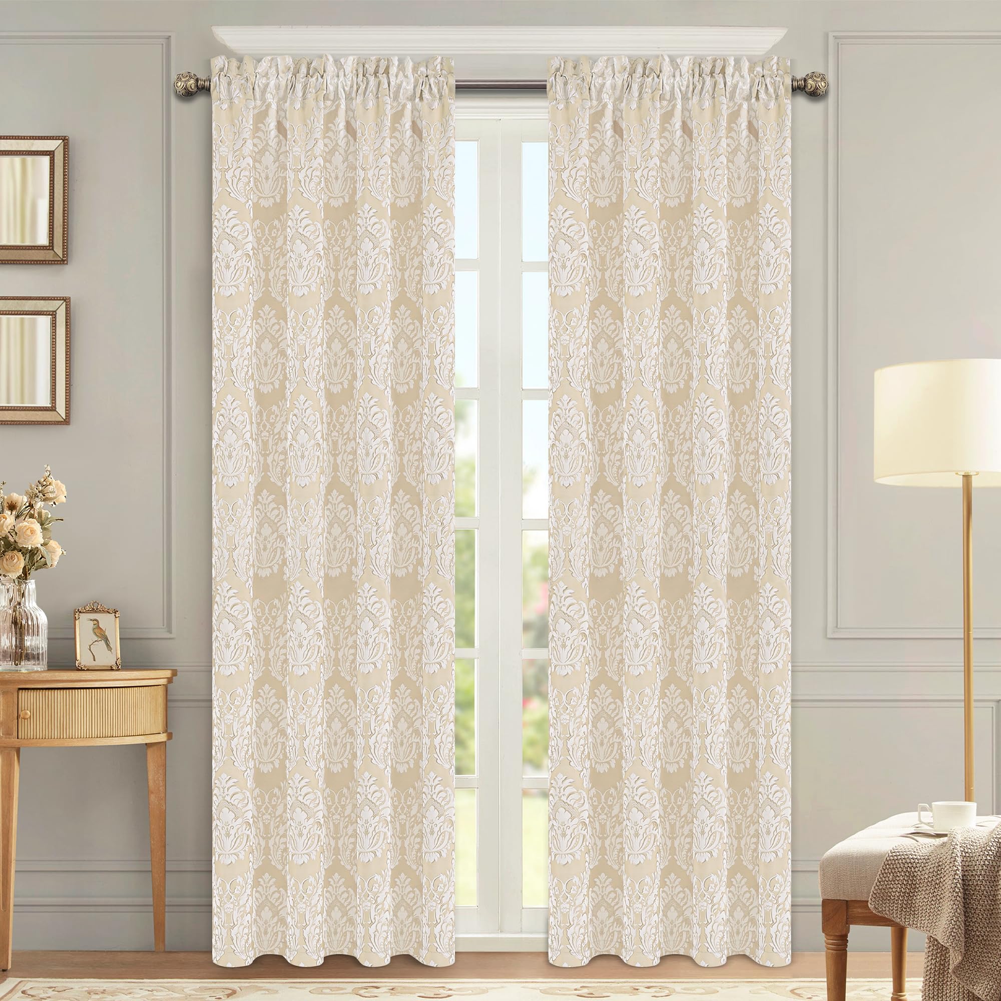 Photo 1 of Loom and Mill Jacquard Damask Window Curtain Panels for Bedroom Living Room, Beige White Traditional Floral Curtains 84 inches Long with Lining and Matching Tiebacks, Rod Pocket, (2 Panels, 52x84)