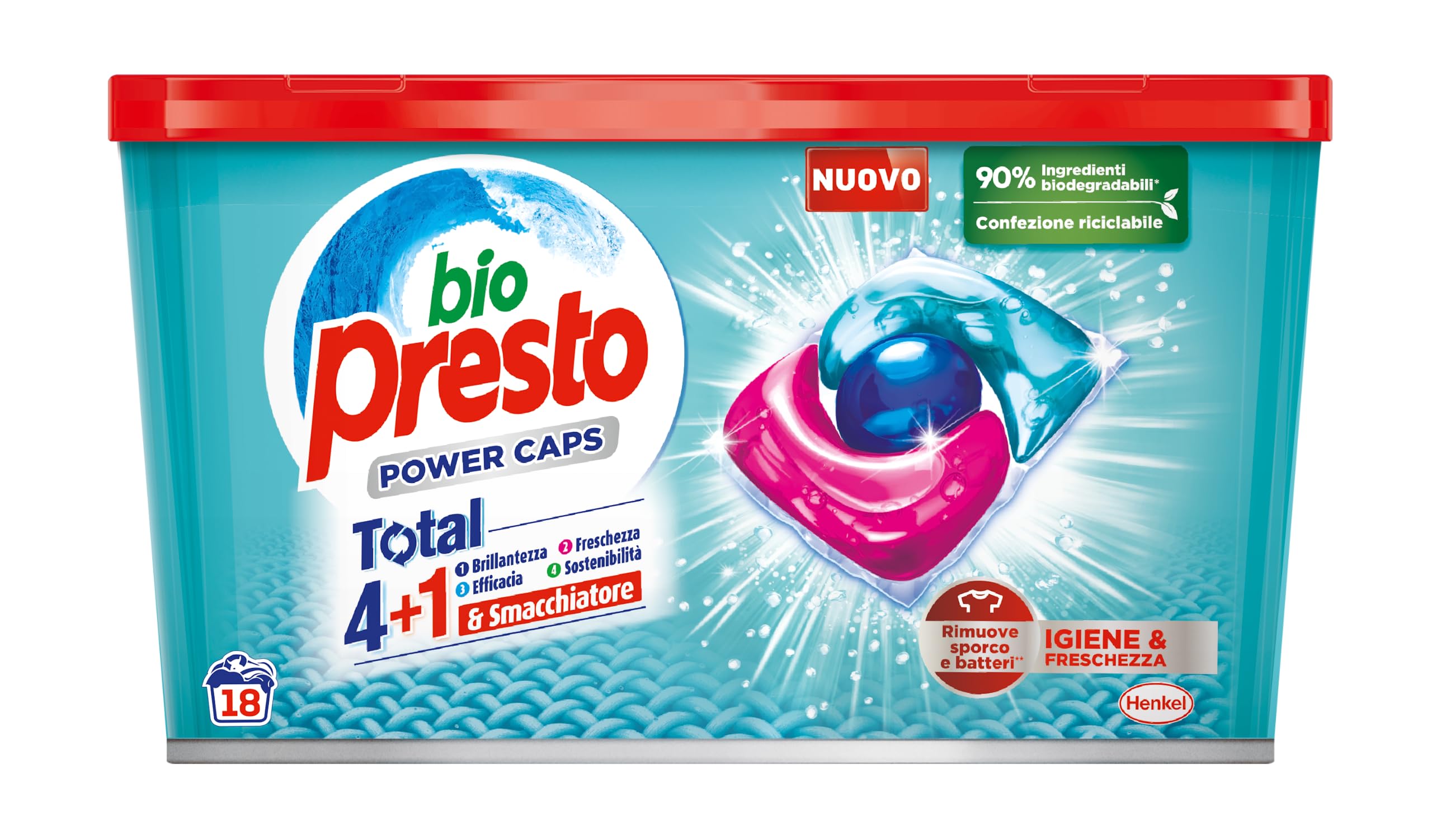 Bio Presto Power Caps - Detergente para lavadora predosificado en cápsulas, elimina la suciedad y las bacterias, paquete de 144 lavados