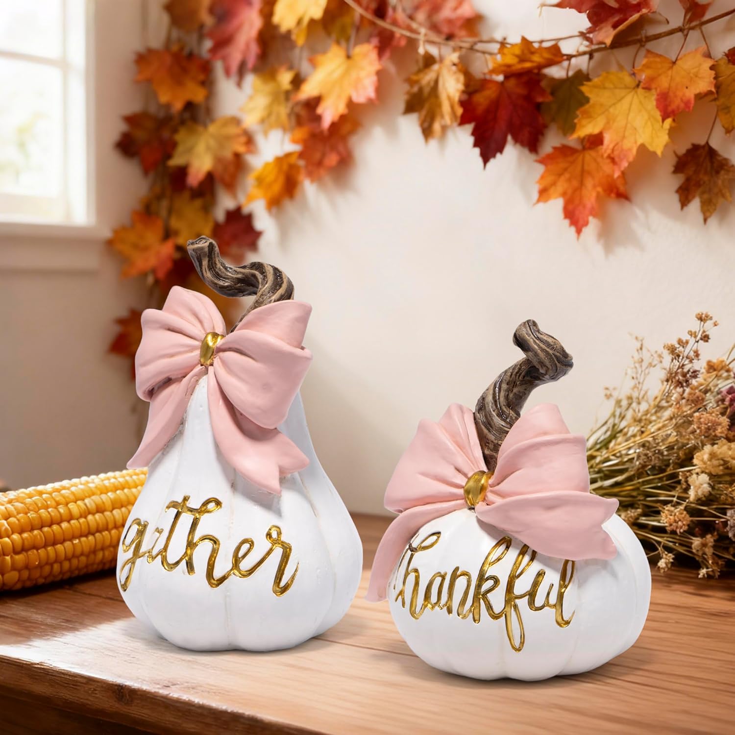 Hodao Thanksgiving White Pumpkin Decorations – Hand-Painted Resin Figurine Set with Pink Bow, Fall Harvest Autumn Ornaments, Gift for Mantel, Dining Table, Tiered Tray, Seasonal Home Décor