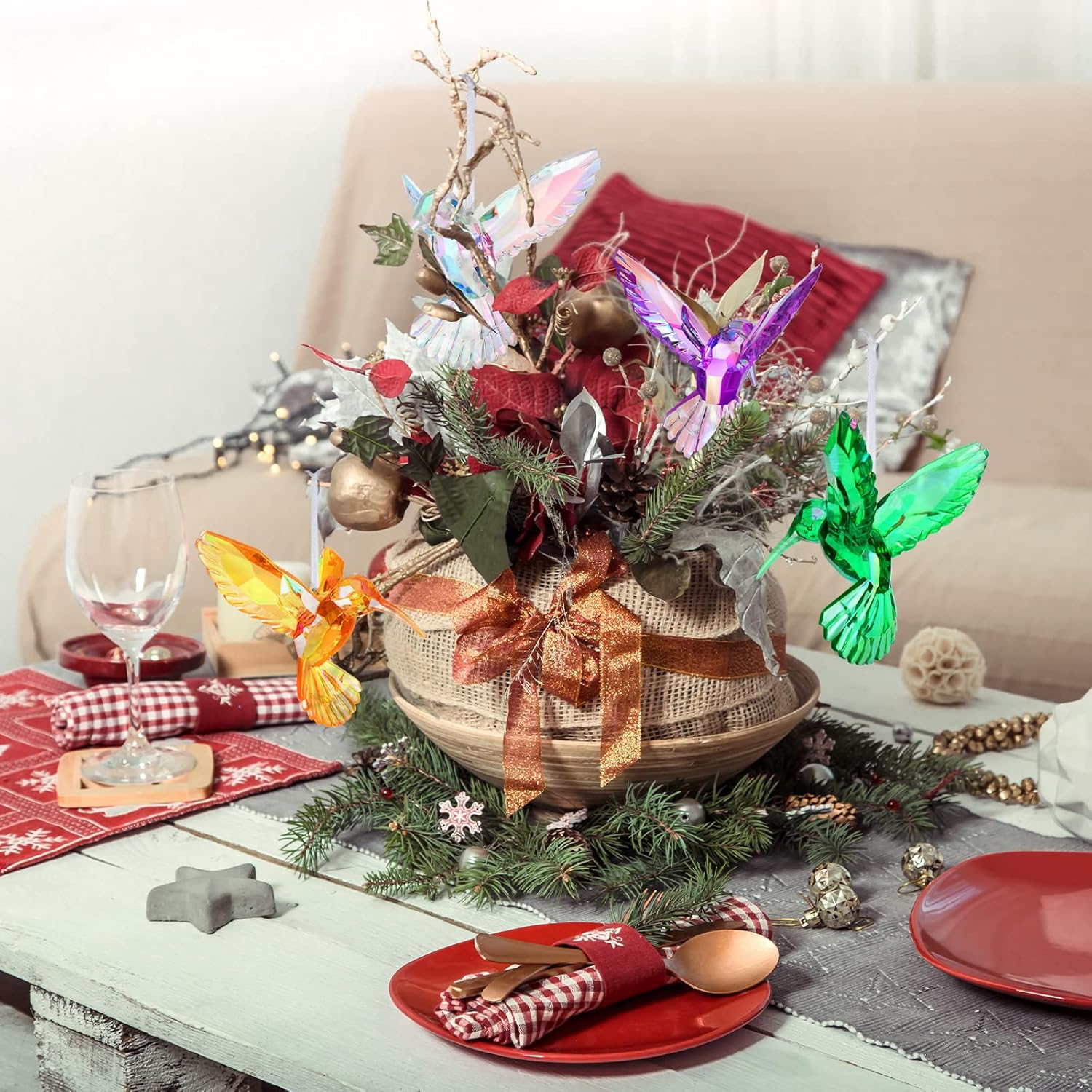 Qunclay 6 Pcs Hummingbird Hanging Ornaments Acrylic Crystal Hummingbird Suncatchers Decor Shiny Iridescent Bird Figurines Hanging for Trees Decorations Party Favor - Image 6