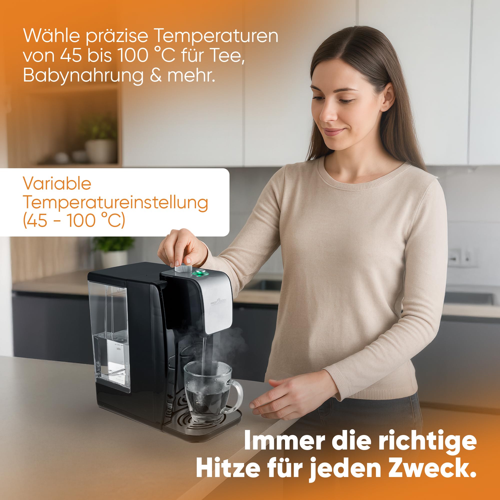 ProfiCook® Heißwasserspender | heißes Wasser in 3 Sekunden | Wasserkocher | 2,2 Liter Fassungsvermögen | kochendes Wasser auf Knopfdruck | Edelstahlgehäuse | Edelstahlanzeige | 2600 Watt | PC-HWS 1168
