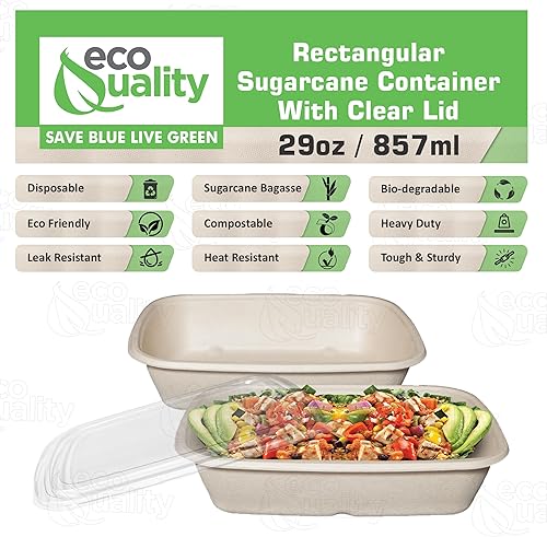 Miniatura 2 de EcoQuality Cuencos desechables de 29 onzas con tapas transparentes, cuencos rectangulares de papel biodegradable de fibra de caña de azúcar