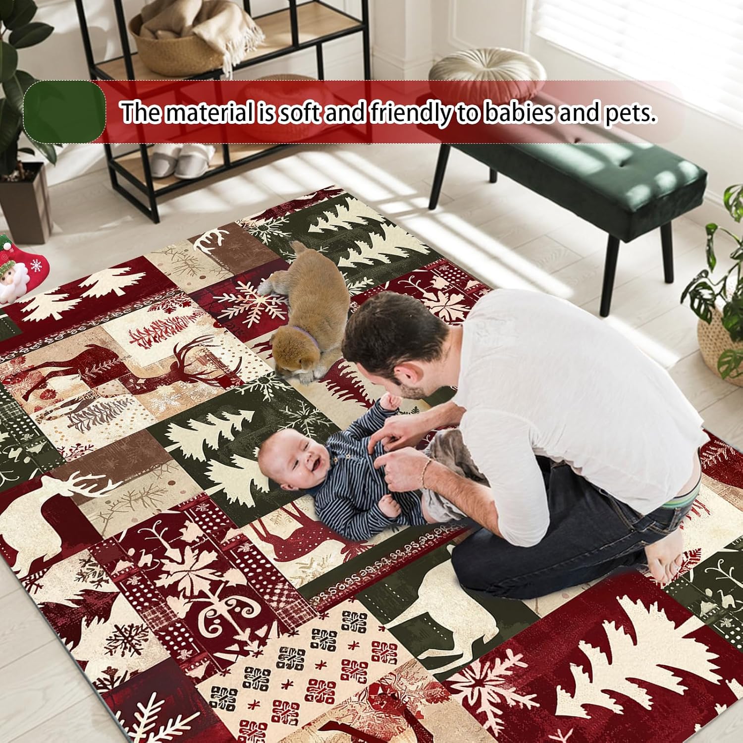 Vintage Christmas Washable Area Rug 5 x 7 Ft, Xmas Reindeer Soft Non Slip Large Rugs Indoor Home Decor, Winter Holiday Entryway Floor Carpet Living Room Bedroom Kitchen Dining Room Decoration