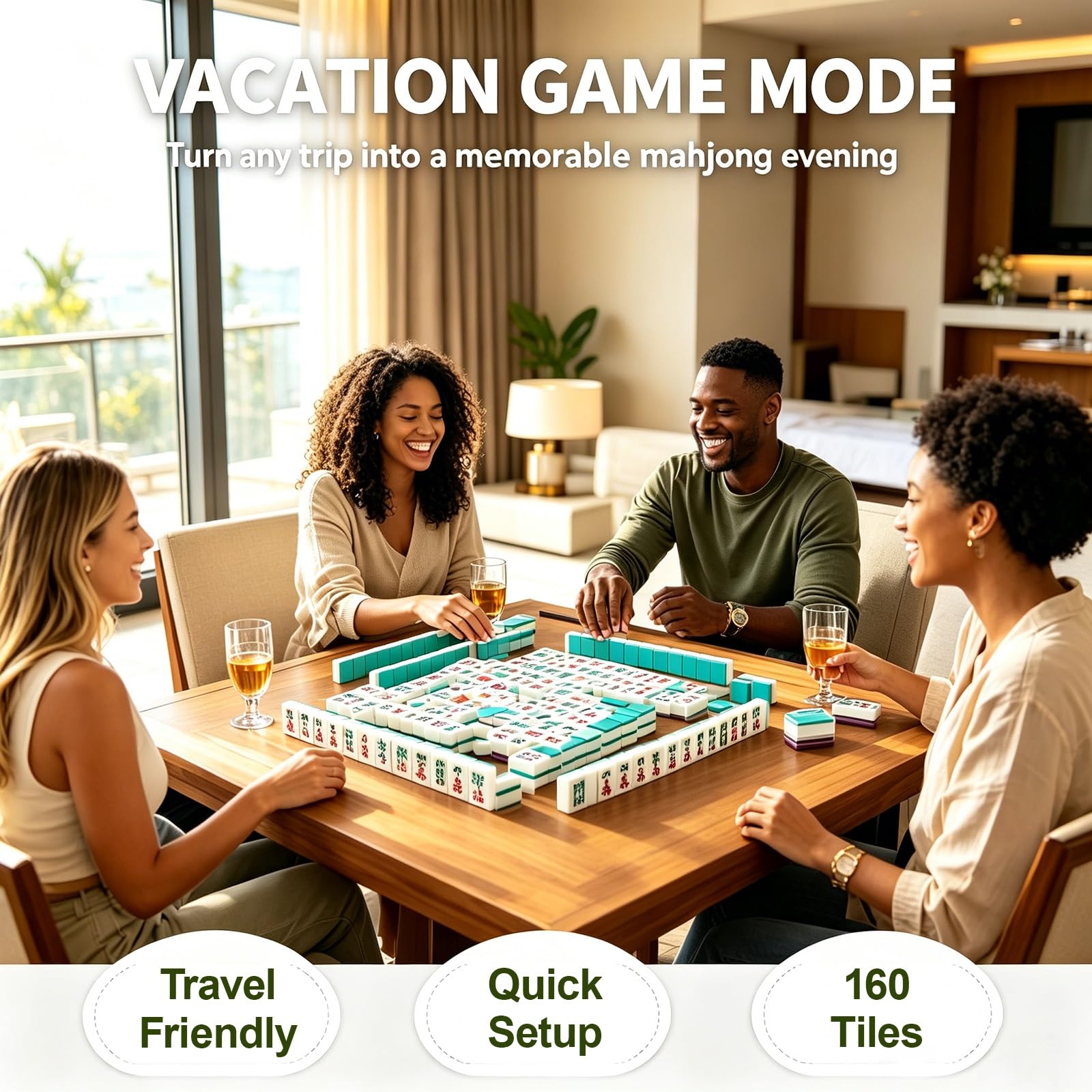 Set Fichas Mahjong Premium 4 Capas 160 Piezas Acrílico Americano | Con Fichas en Blanco y Dados Grabado Claro para Noches Familiares y Eventos(Wood Grain)
