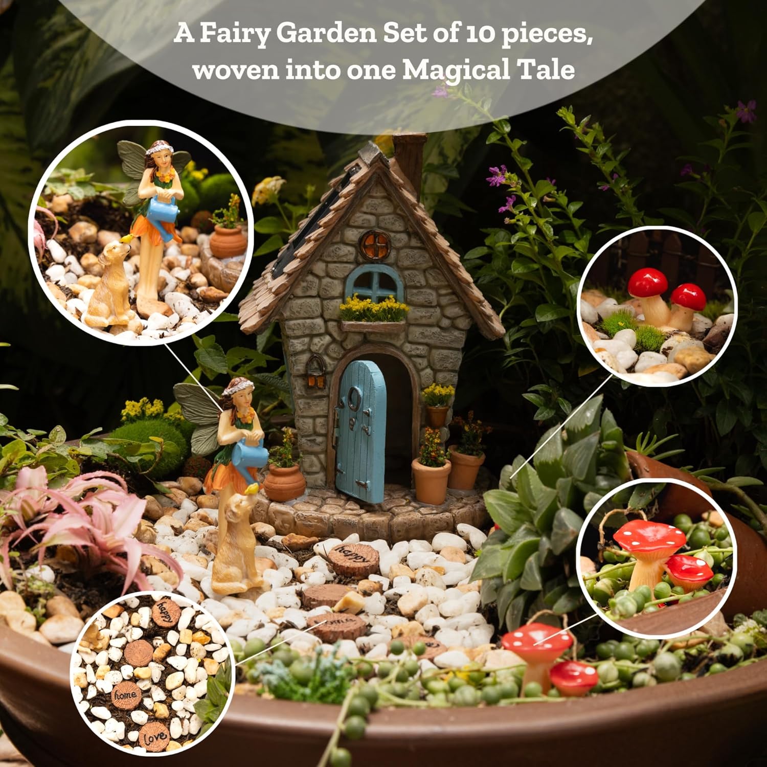 Fairy Garden Kit – 11-Piece Fairy House Set - 7.1" High Fairy House for Outside with Open Door & Solar Light, Fairy & Dog Figurines, Mushrooms & Miniature Accessories – Outdoor Decor Gift