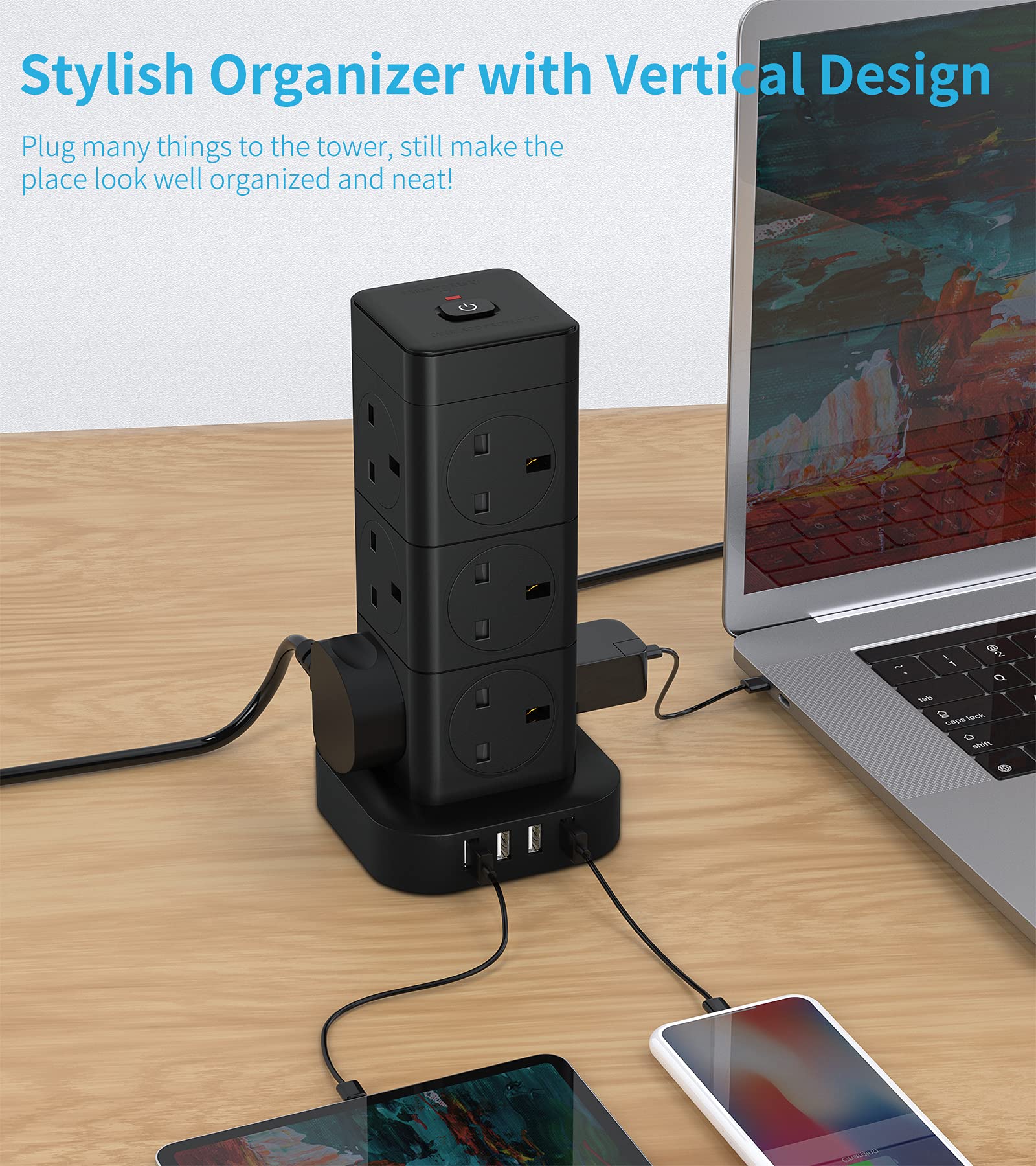 Hulker Tower Extension Lead with USB 12 Way 4 USB Ports Multi Plug