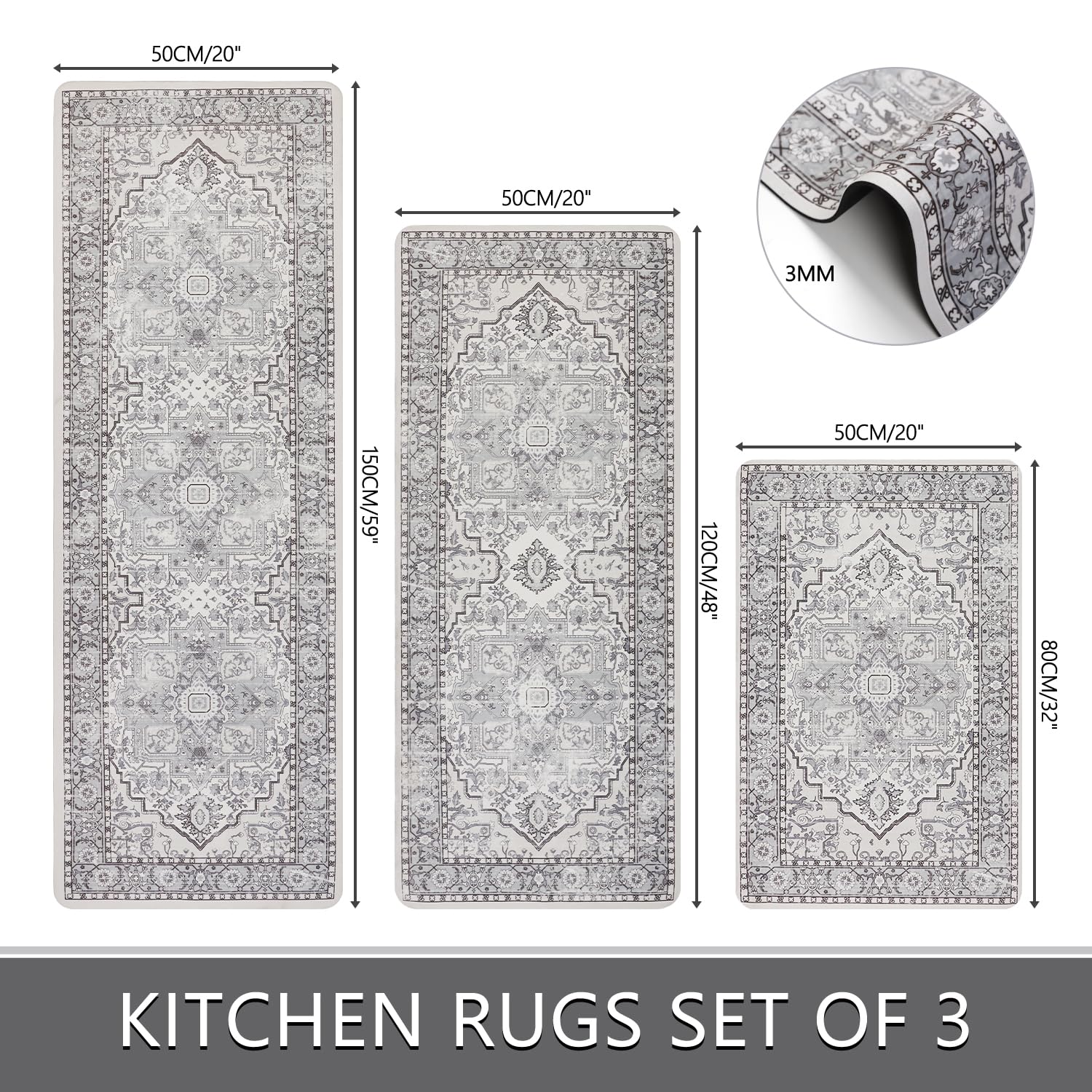 Falflor Vintage Kitchen Rug Sets of 3 Non Slip Kitchen Rug Sets Washable Kitchen Rug and Mats Farmhouse Floor Carpets for Kitchen Entryway Laundry Room Bathroom
