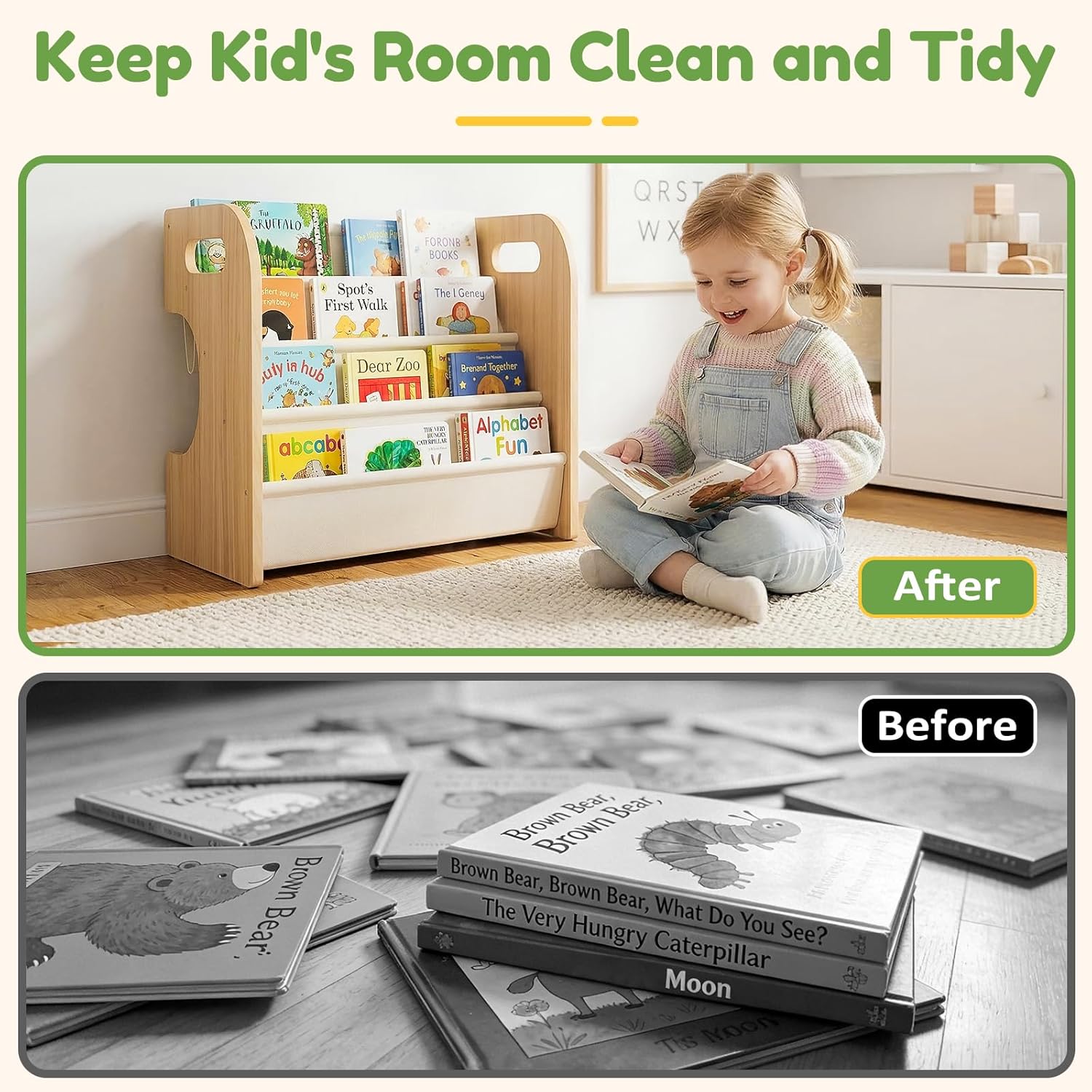 XiaZ Bookshelf for Kids Room Wooden Montessori Toddler Bookshelf Solid Pine C-Frame Child Book Shelf with Handle, Portable 4-Tier Kids Nursery Book Organizer Bookcase Easy Install for Study Room