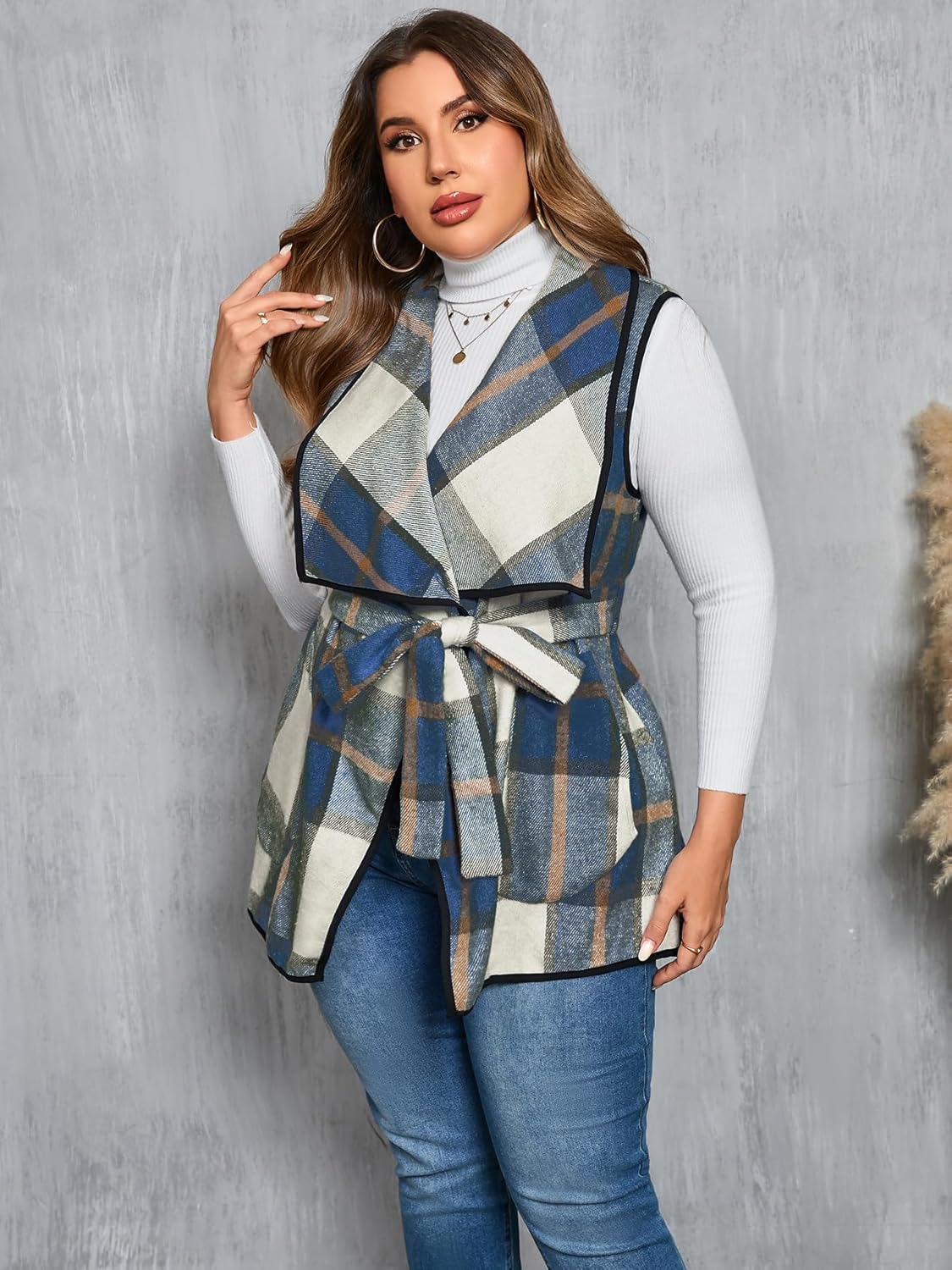 ZOMVA Women's Plus Size Plaid Long Vest Lapel Open Front Belted Sleeveless Shacket Casual Jackets Coat with Pockets Fall - Image 5