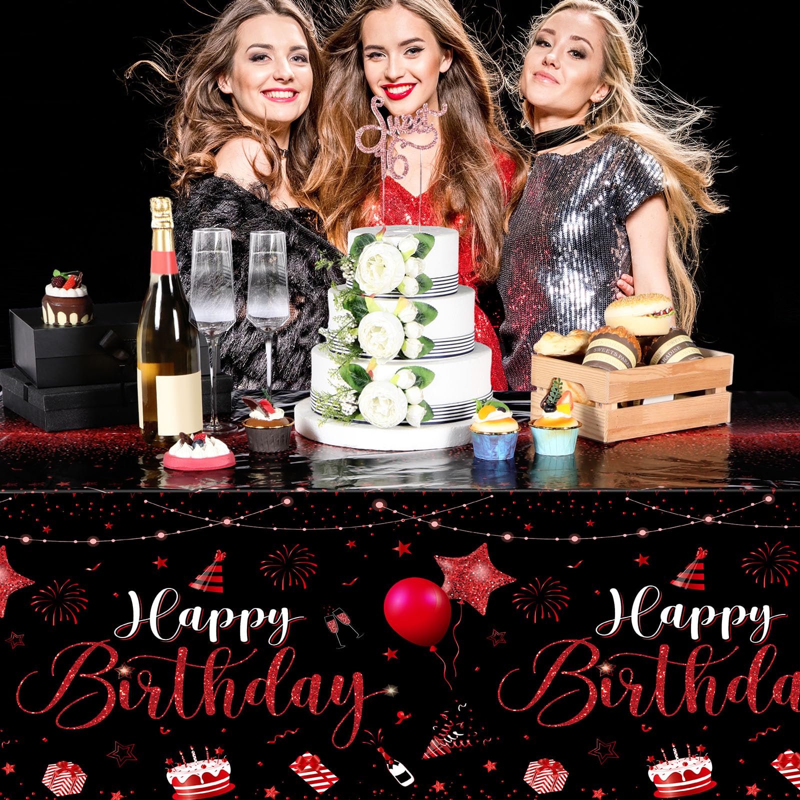 Tudomro 6 manteles de Feliz cumpleaños, decoración de Feliz cumpleaños, Mantel Rectangular de plástico para Mujeres y Hombres, Suministros de Fiesta de cumpleaños, 108 x 54 Pulgadas (Negro Rojo)
