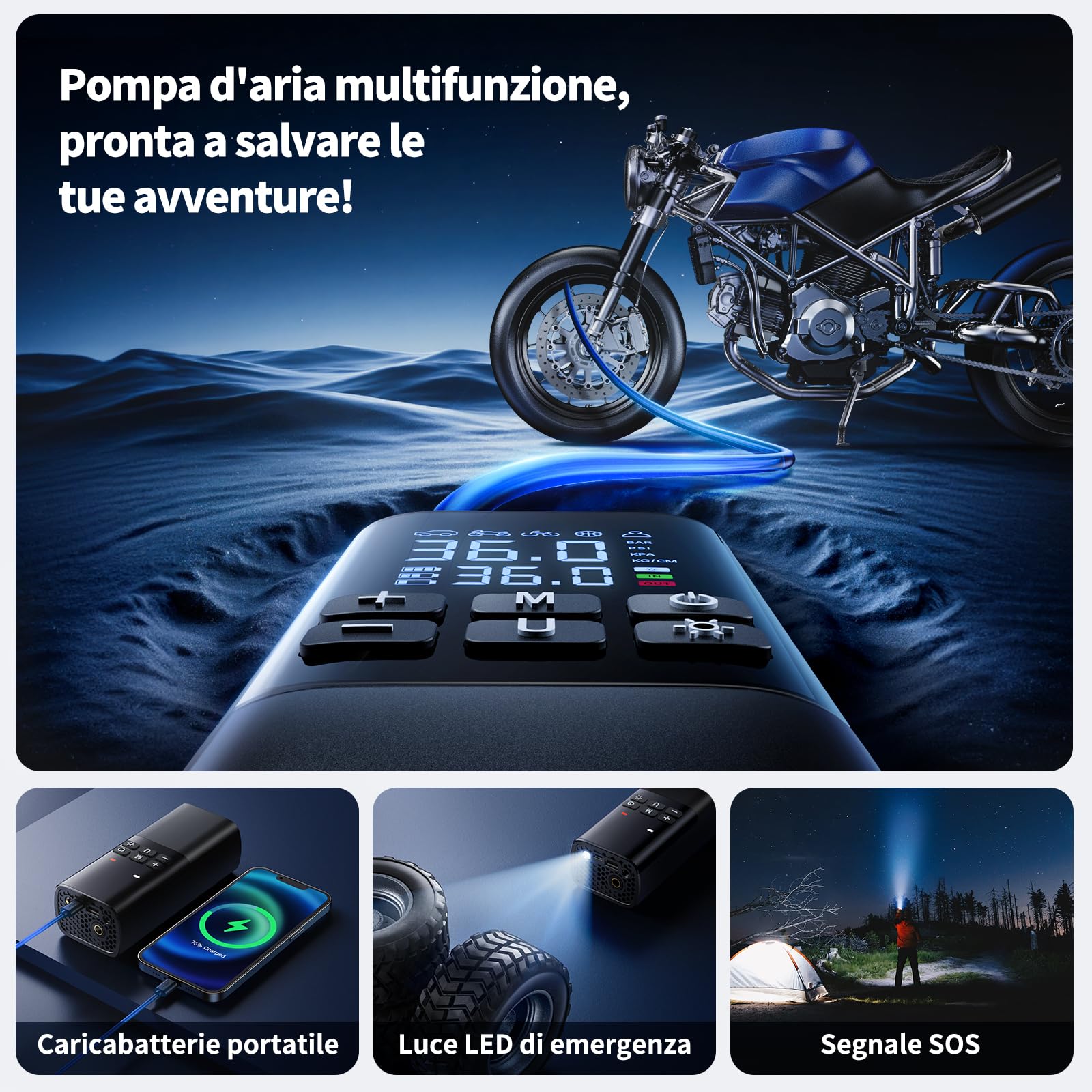 Pompa Elettrica per Bicicletta, Mini Compressore Bici con Display Digitale E Luce LED, Compressore Aria Portatile per Auto, Moto, MTB, Bicicletta E Palloni, Ricaricabile Tramite USB-C, USB-A
