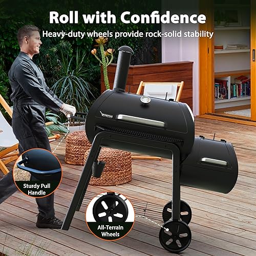 Miniatura 8 de Brand-Man - Parrilla de carbón offset, parrilla de barbacoa de barril de alta resistencia, combo con caja de fuego lateral para patio al aire libre