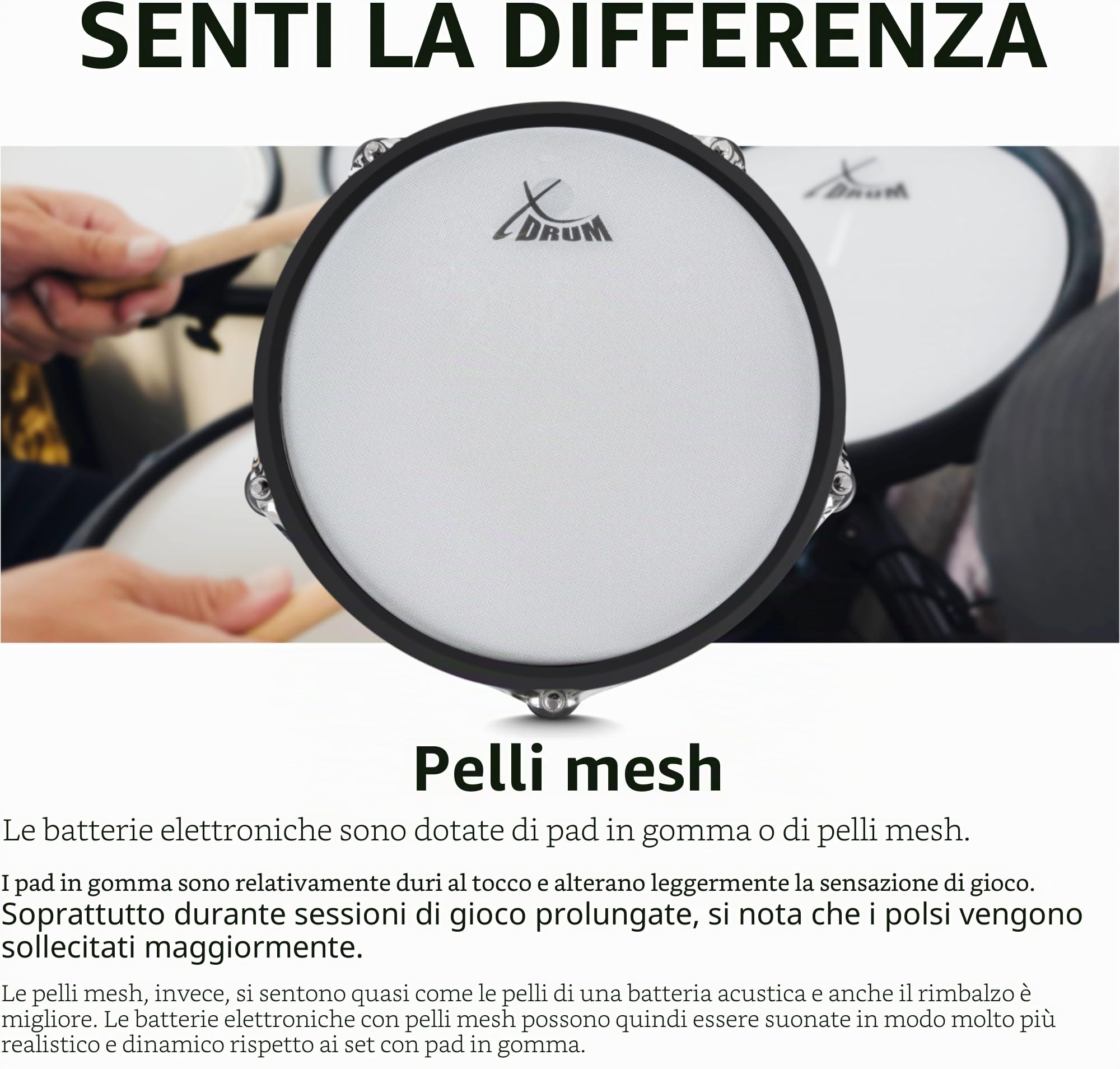 XDrum DD-650 PLUS Mesh E-Drum Kit, 1x pad cassa 14" con cassa in legno | Batteria elettronica con mesh heads a doppio strato, 1x pad rullante 14" dual-zone con cassa in legno, Modulo, 720 suoni
