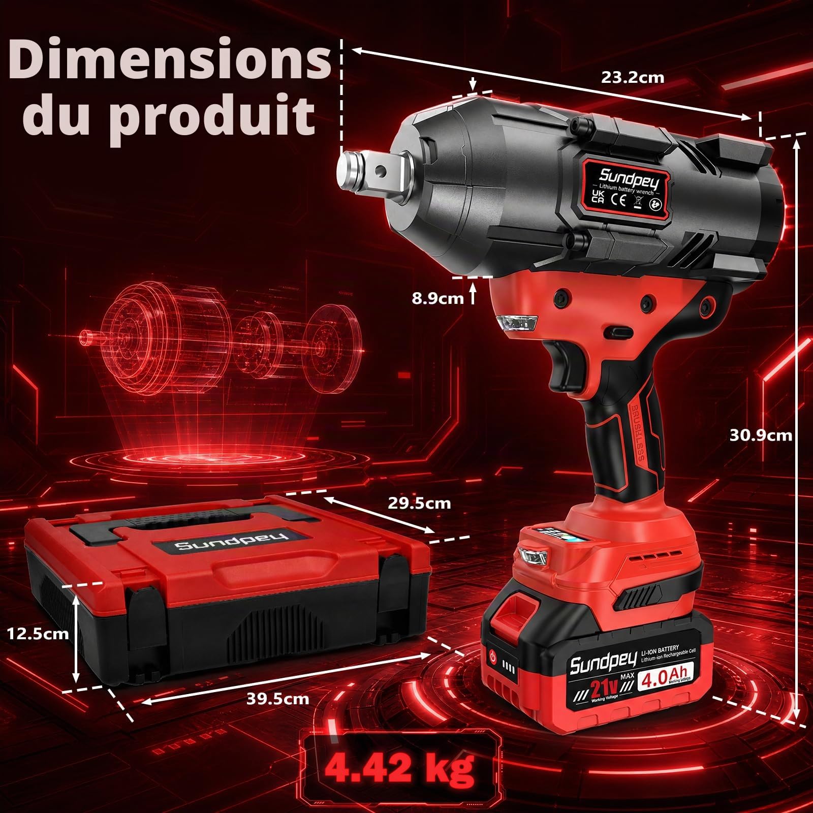 Sundpey 2000Nm Clé à Chocs Sans Fil Brushless, 3/4" Boulonneuse a Choc Electrique Avec Batterie 2 * 4000mAh 21V & Adaptateur de Foret 3/4" à 1/2" & 5 Douilles, pour Boulonner et Déboulonner, Rouge