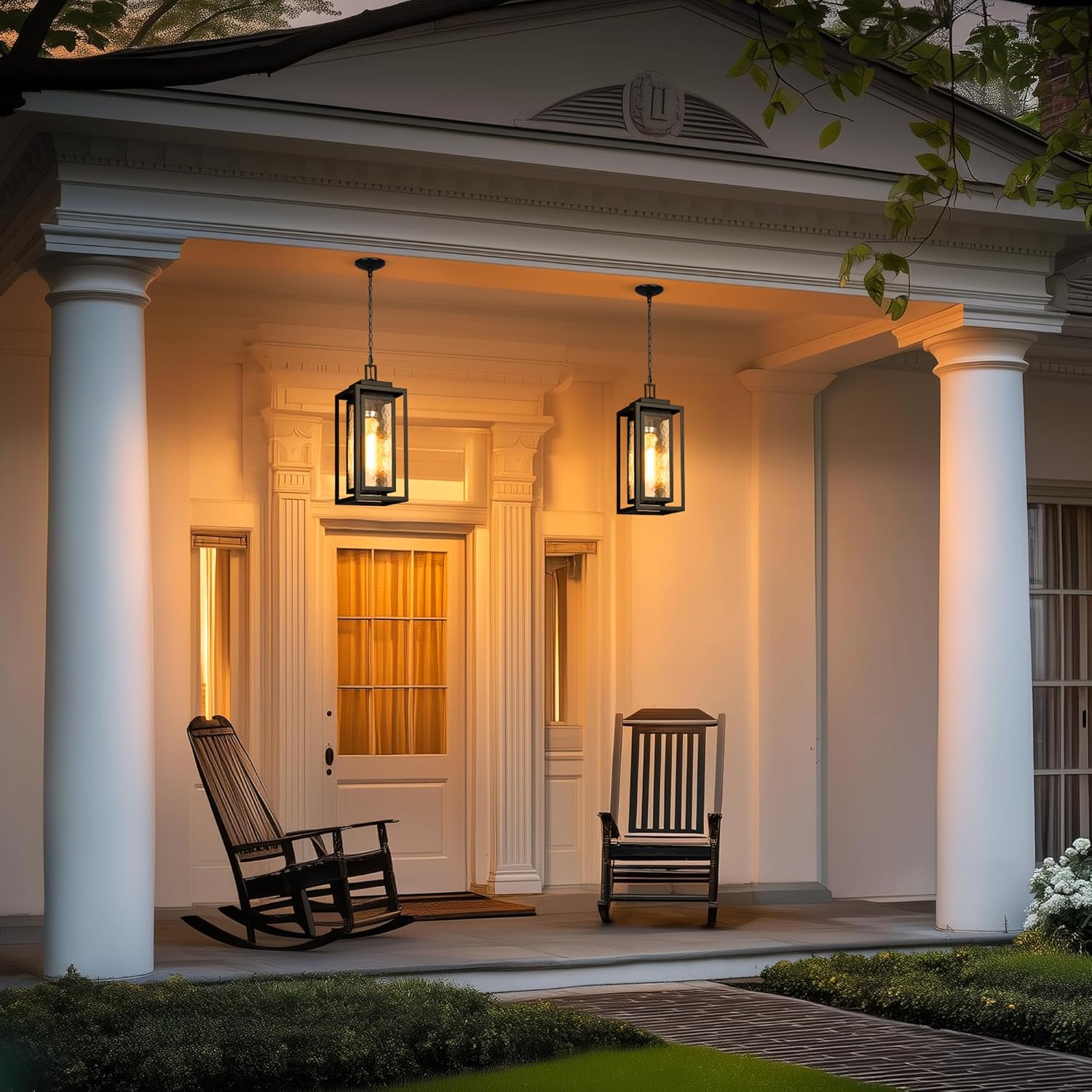 15" Outdoor Pendant Light, Modern Outside Hanging Porch Light, Black Outdoor Chandelier with Water-Ripple Glass, Metal Double Frame Exterior Hanging Lantern Ceiling Mount for Porch (Bulb Included)