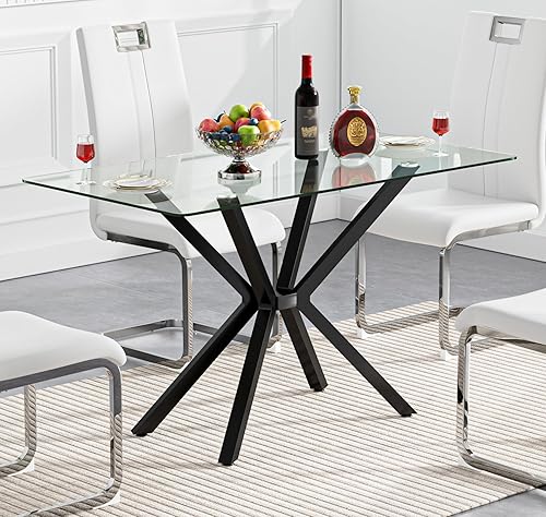 Miniatura 107 de Mesa de comedor de cristal de 51 pulgadas para 4, mesa de comedor rectangular contemporánea con parte superior de vidrio templado y patas de acero