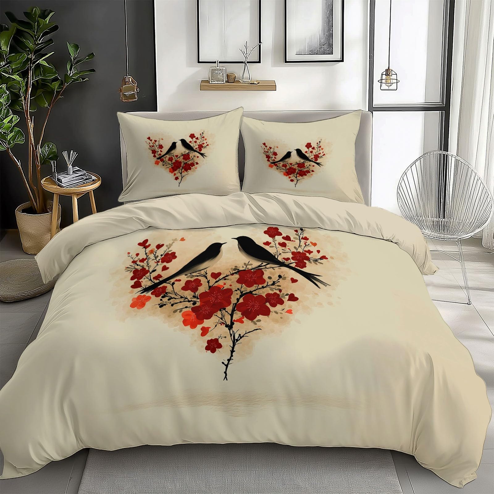 Housse de couette oiseau 140x200 parure de lit cartoon romantique pour lit 1 personne fille garçon