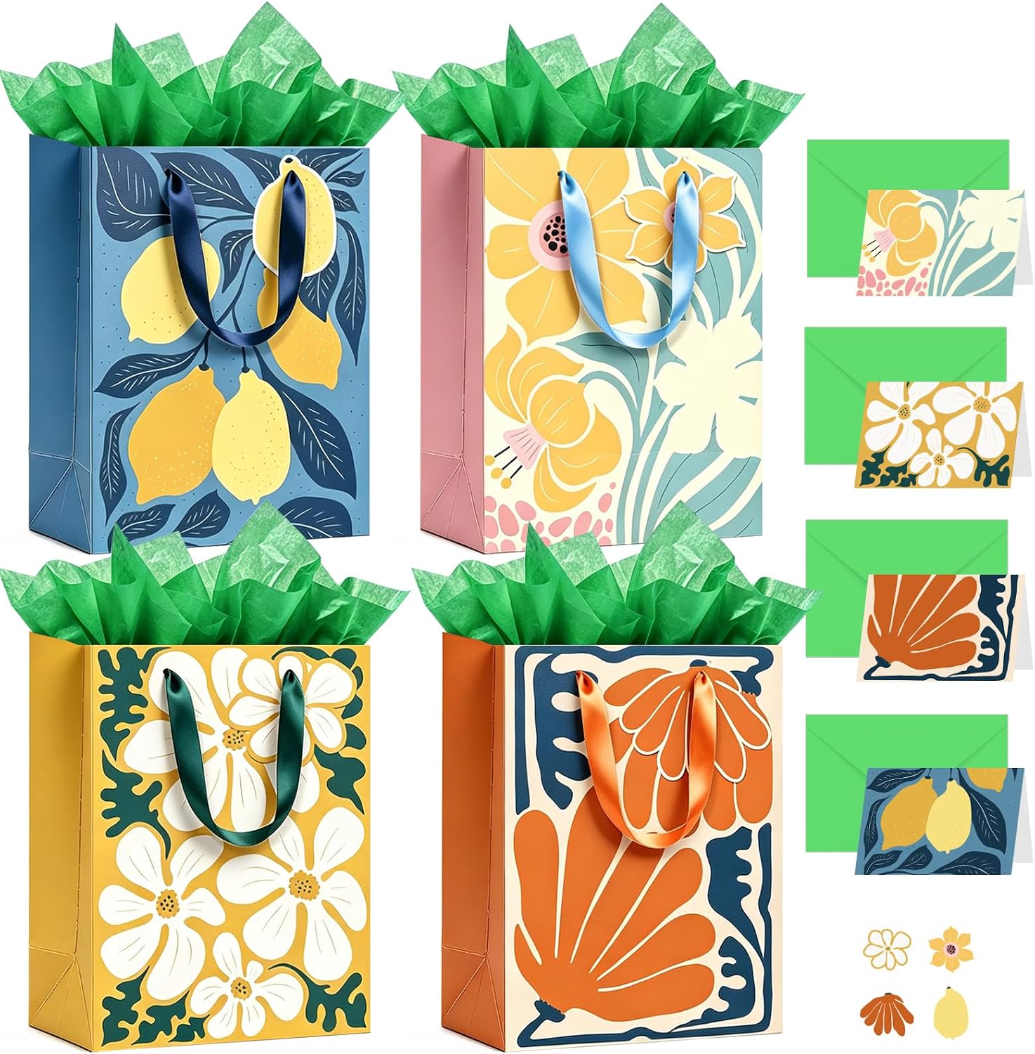 ESIOWM Floral Small Gift Bags with Tissue Paper and Cards, Envelopes & Tags