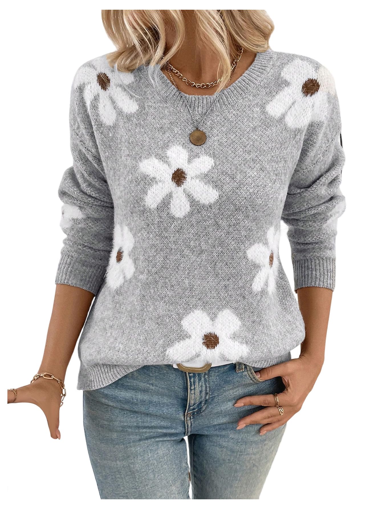 SOLY HUX Womens Floral Sweater Long Sleeve Crew Neck Knit Pullover Fall Jumper Tops