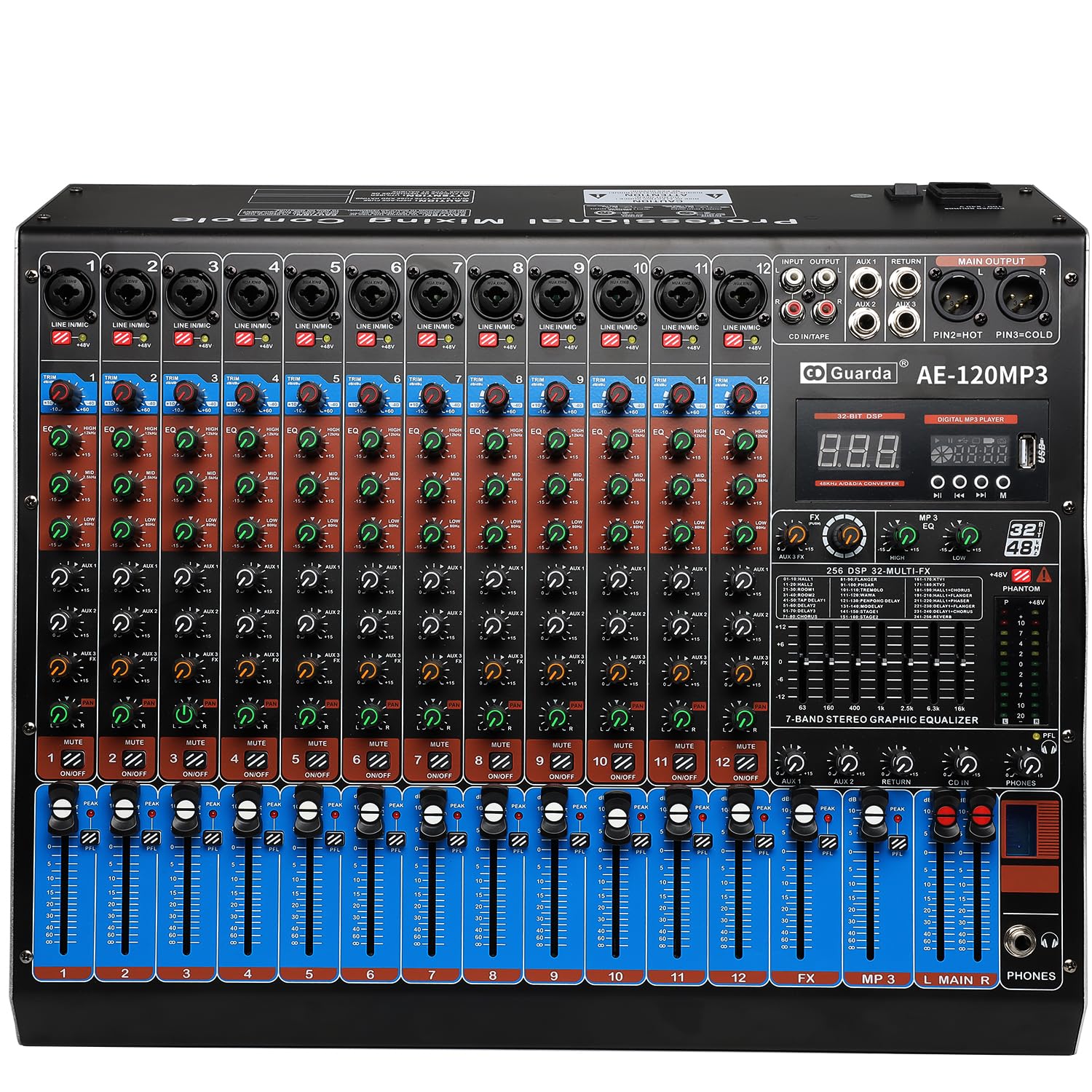 Audio Mixer, 12 channels with 256 DSP Effects, 7-band EQ,Independent 48V Phantom Power&Mute Button,Bluetooth Function,USB Interface Recording For Studio & Stage Guarda Audio(AE120)