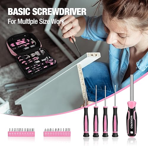 Miniatura 5 de WORKPRO Juego de herramientas rosas  Kit de herramientas rosa de 100 piezas con bolsa de fácil transporte, kit de herramientas para el hogar para el