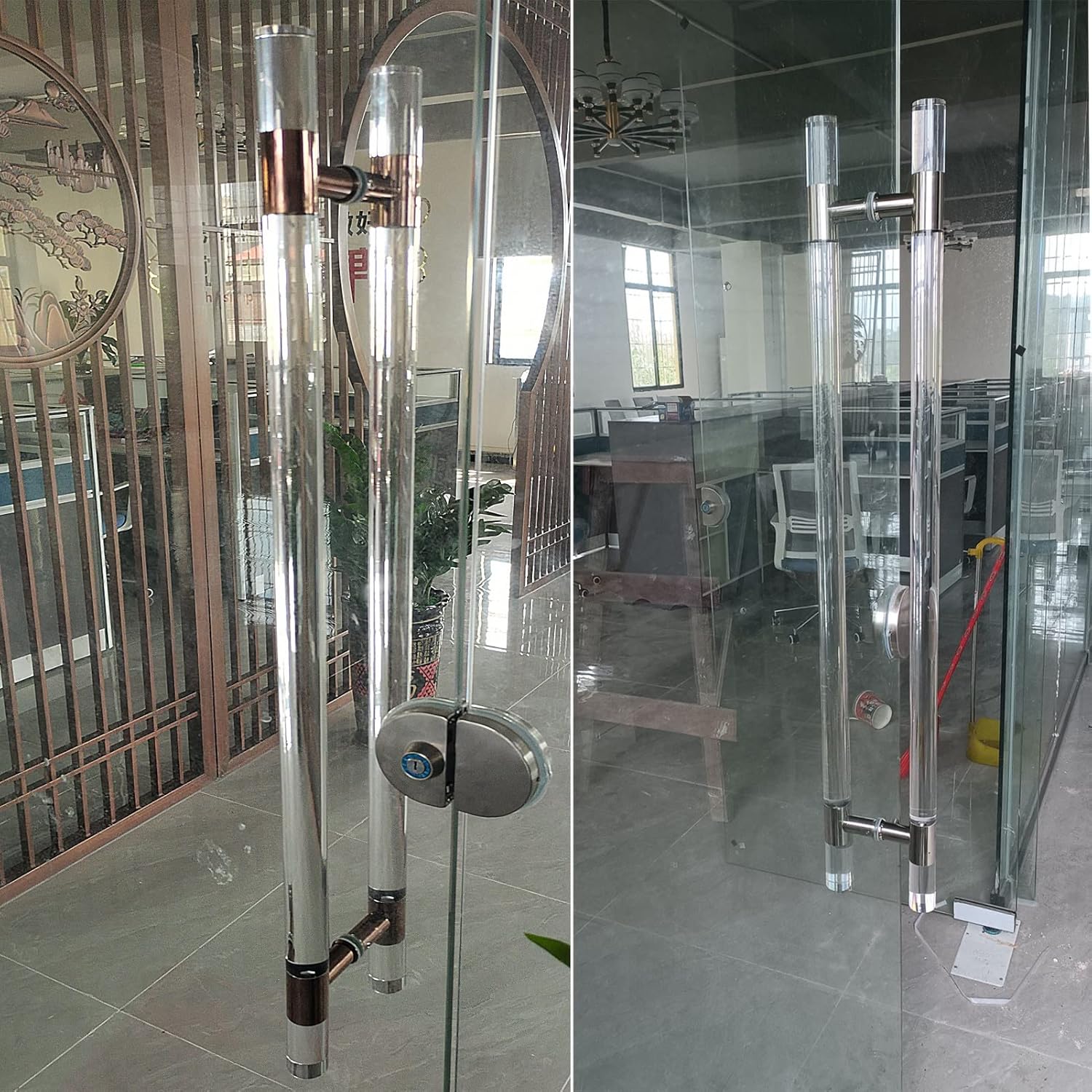 60/80/100/120 cm Long Glass Door Handle, Sliding Barn Gate Push Pull Bar for Kitchen/Shower Room/Garage, Acrylic Clear Crystal Finish, Double Side Mounted/Silver/60Cm/23.6In