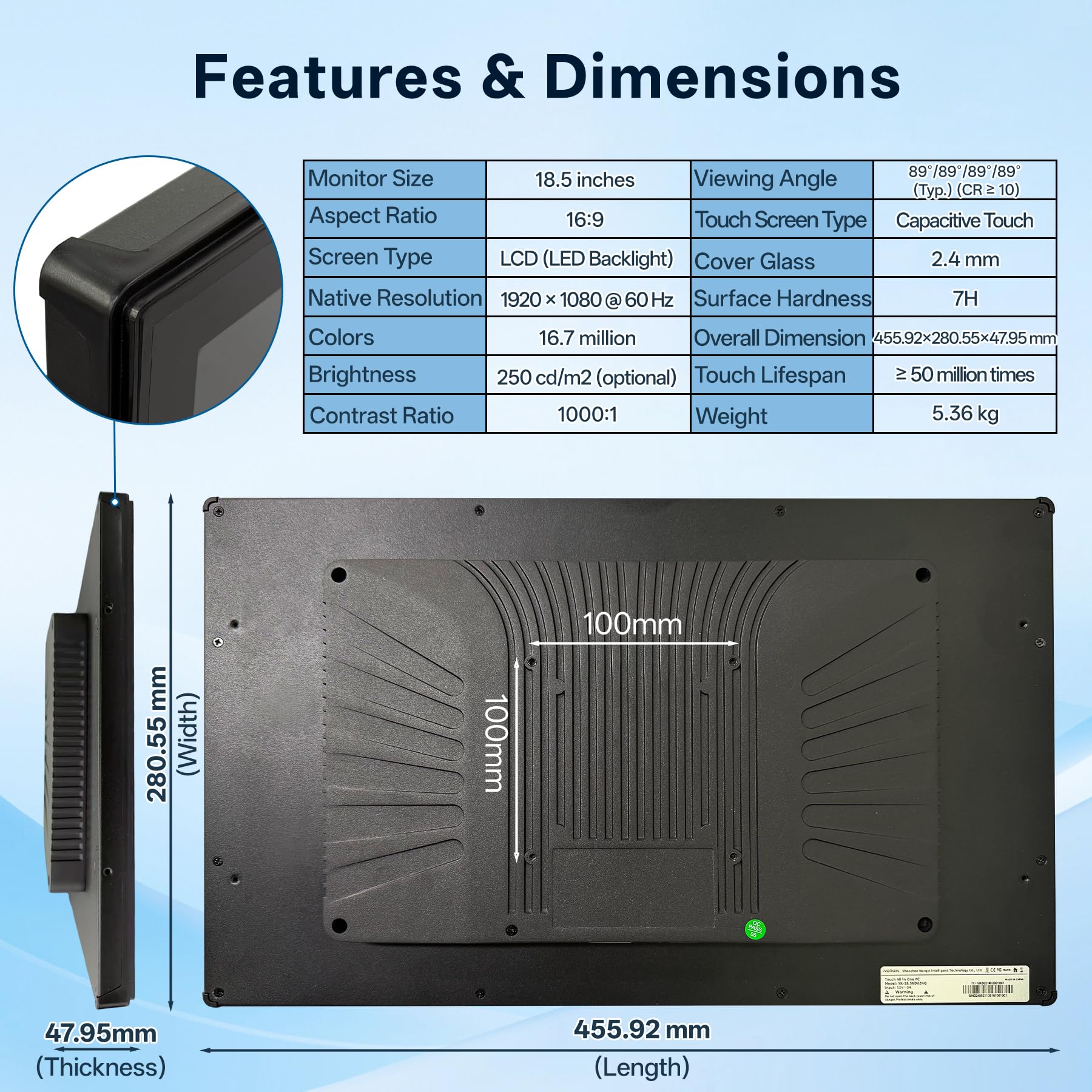 18,5" Monitor Touch Screen Industriale Incorporato IP65-1920×1080,Cornice Aperta,Touch Capacitivo a 10 Puntate,Display LCD,VESA,Porte HDMI/VGA/DVI/USB,per Automazione,Chiosco,CNC e HMI