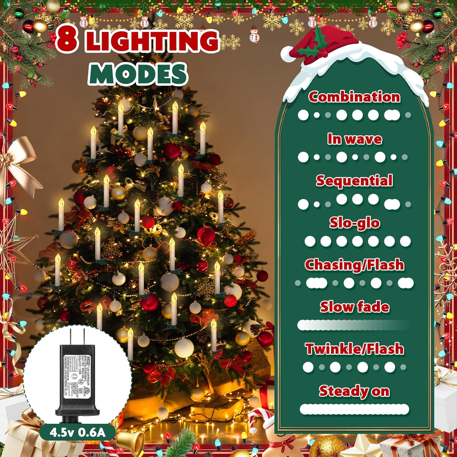 59FT 50LED Christmas Flameless Candles, Christmas Tree Candles String Lights Clip on Flameless Candle Lights for Christmas Tree 8 Modes Plug in Christmas Trees Light for Holiday Tree Indoor