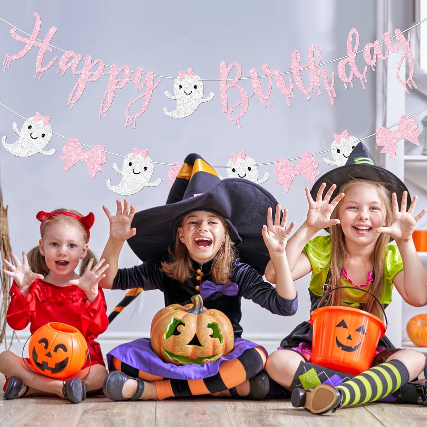 Pink Halloween Birthday Banner for Girl Prestrung Glitter Pink Bow Ghost Garland for Happy Boo Day Halloween Birthday Party Decorations Supplies - Image 8