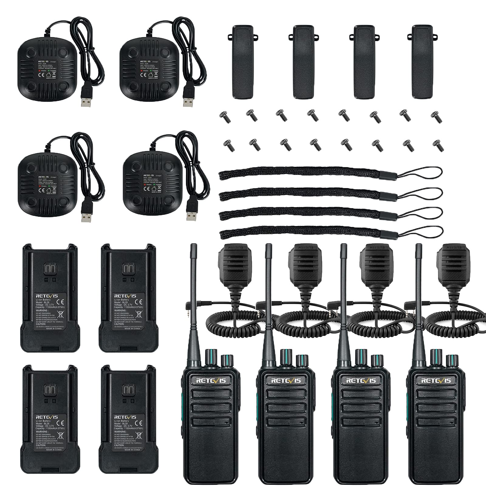 Retevis RB629 Walkie Talkie, PMR446 Walkie Talkie Portátil con Función de Clonación Inalámbrica, VOX, Alarma de Emergencia, Walkie Talkies Largo Alcance con Micrófono para Obras (4 Piezas, Negro)