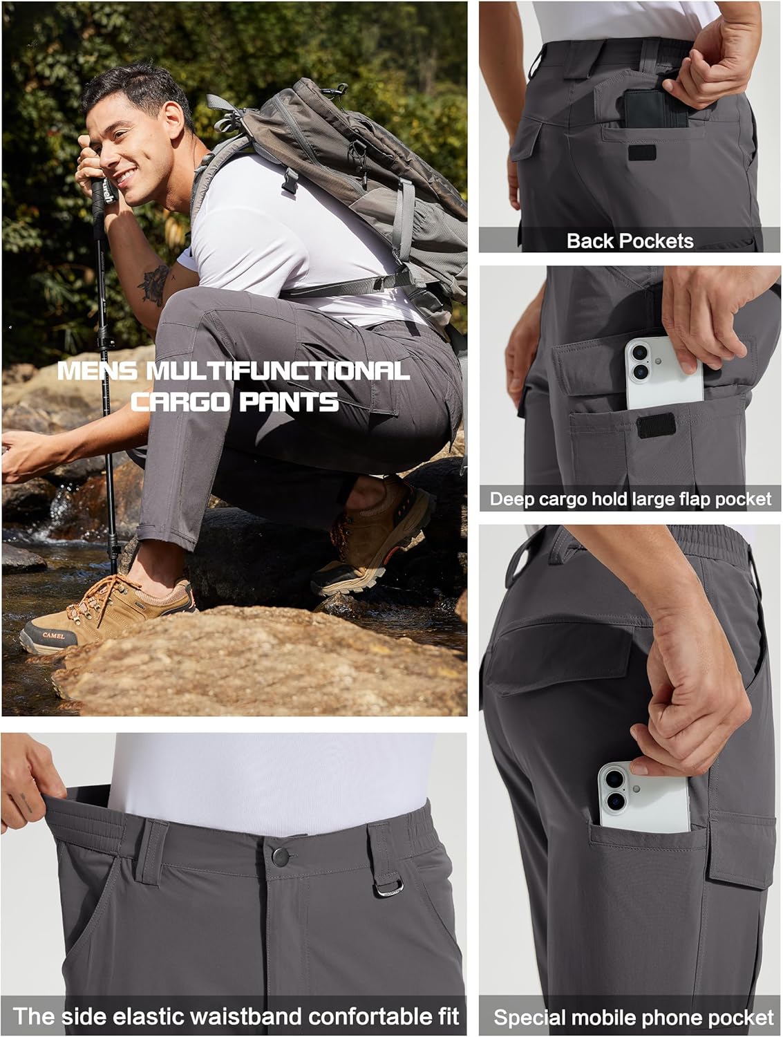 Men's Lightweight Hiking Cargo Pants Water-Resistant Quick-Dry Climbing Camping Fishing Work Outdoor Pants