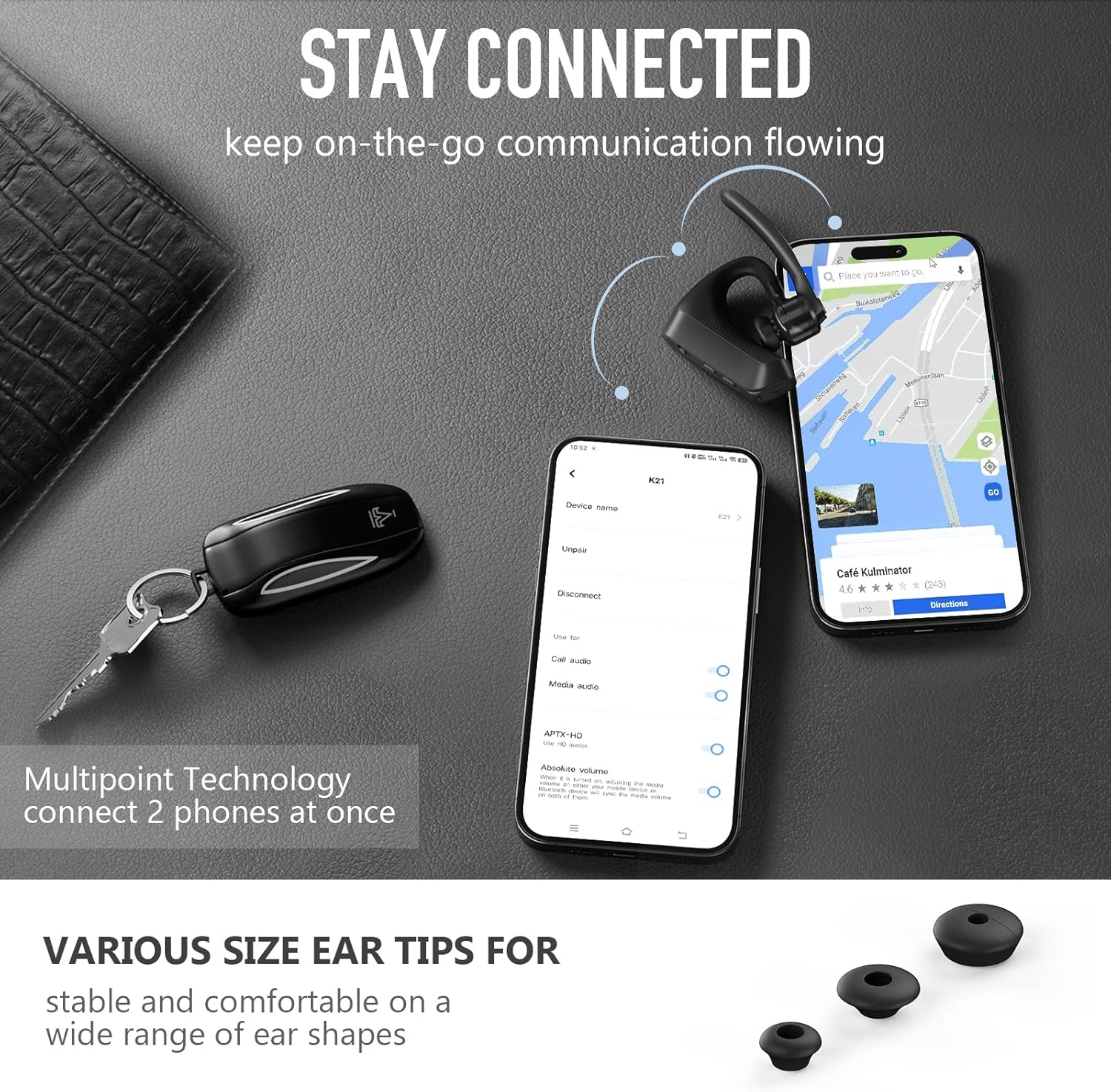 Conambo K21 Bluetooth Headset V5.1, Bluetooth Earpiece with CVC 8.0 Dual Mic Noise Cancelling Wireless Headphone - Mute & Volume Buttons 16Hrs Talking for iOS Android Cell Phone, Trucker, Office Work - Image 5