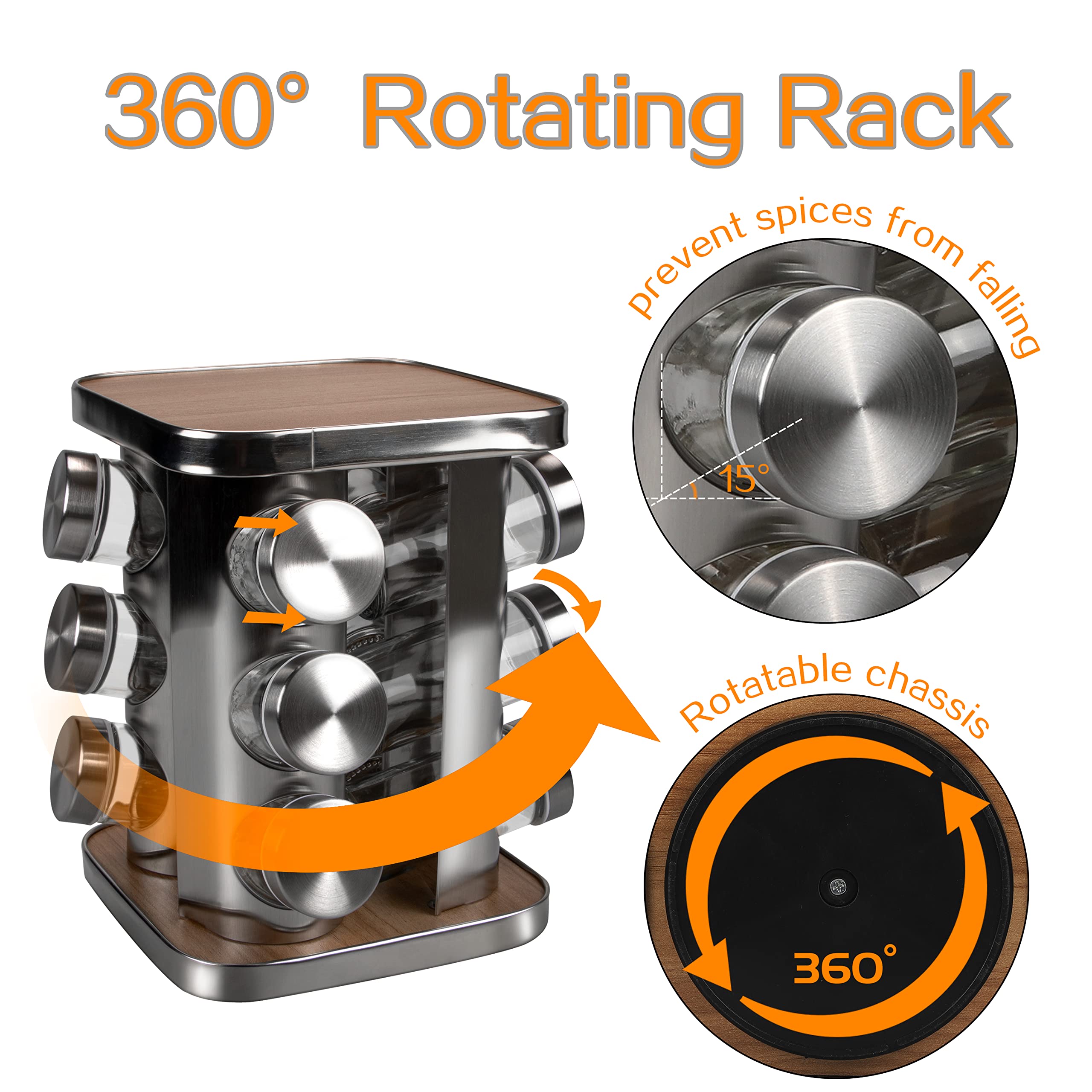 Revolving Countertop Spice Rack, 12 Jars Stainless Steel Rotating Seasoning Storage Organizer for Cabinet, Spice Carousel Tower for Kitchen