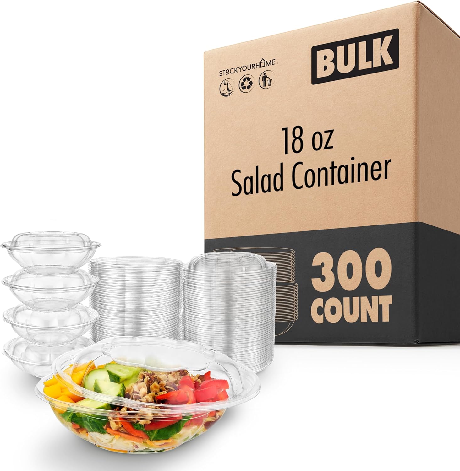 Stock Your Home 18oz Clear Plastic Salad Bowls with Lids Disposable (300 Pack) Mini Takeout Container with Snap on Lid for Fruit Salads, Quinoa, Lunch and Meal Prep, Acai Bowl, To-Go Party Containers