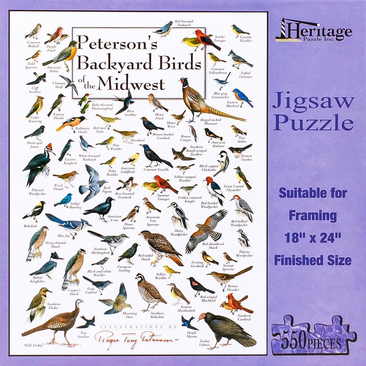 Heritage Puzzle Backyard Birds of The Midwest by Roger Tory Peterson - 550 Pieces - Made in The USA - Frameable 24” x 18” Finished Size