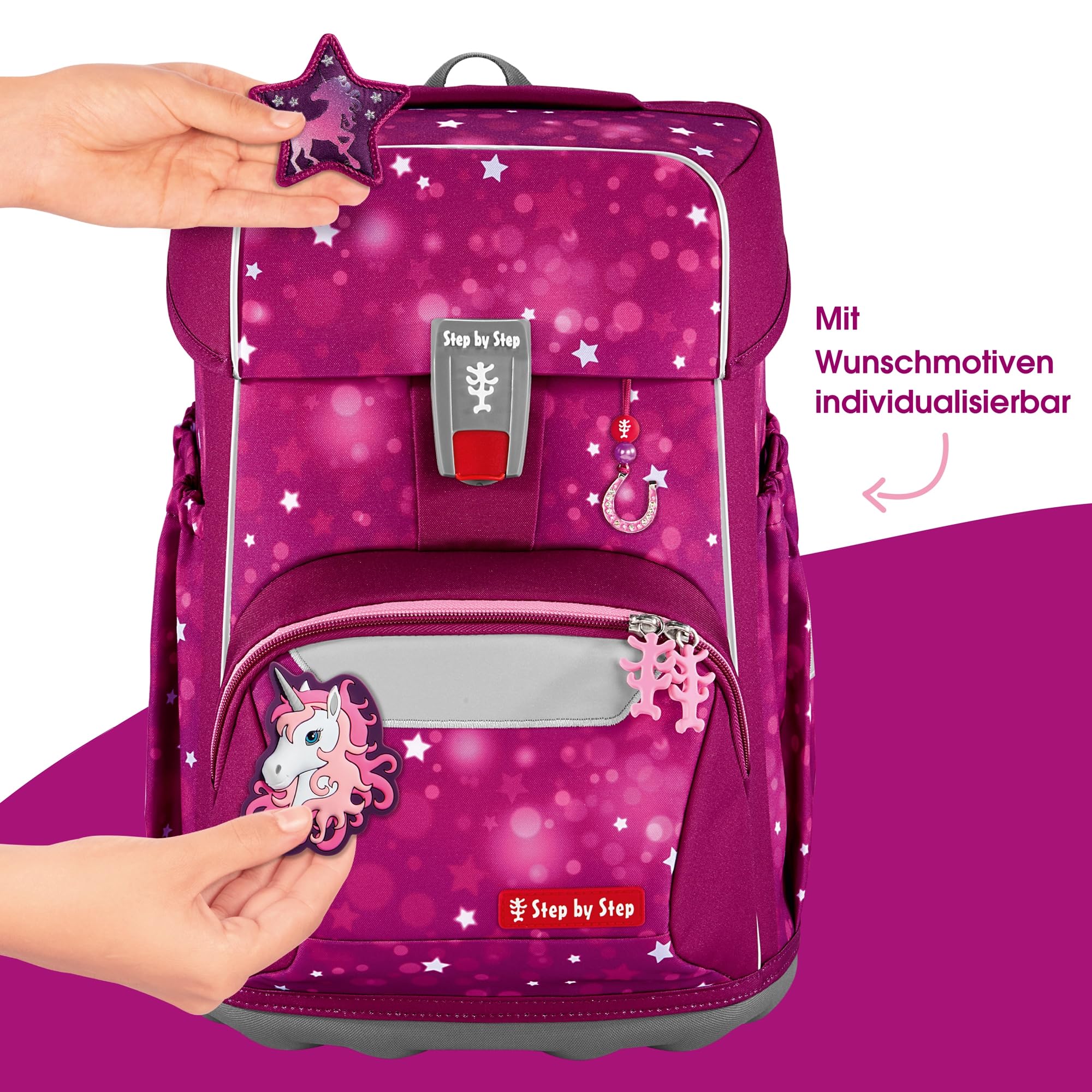 Step by Step Giant Schulranzen-Set „Sweet Unicorn Nuala“, 5-teilig, rosa, ergonomischer Tornister mit Reflektoren, höhenverstellbar mit Hüft- und Brustgurt, für Mädchen ab der 1. Klasse, 23 Liter