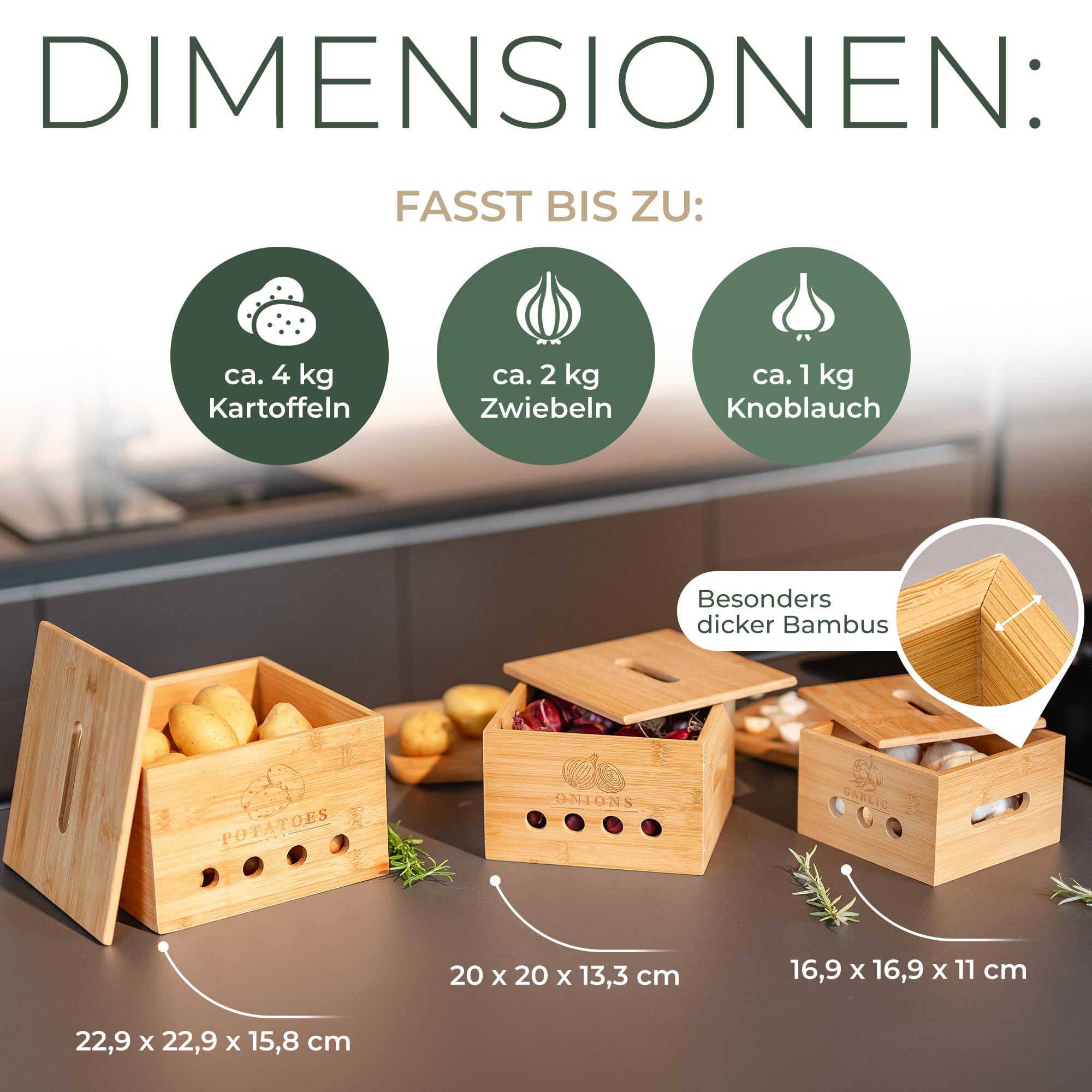 Premium Kartoffel Aufbewahrungsbox [3er Set] – Längerfrische Kartoffel Aufbewahrung, Knoblauch und Zwiebel Aufbewahrung – Bambus Holz Kartoffelbox, Zwiebeltopf, Knoblauchtopf