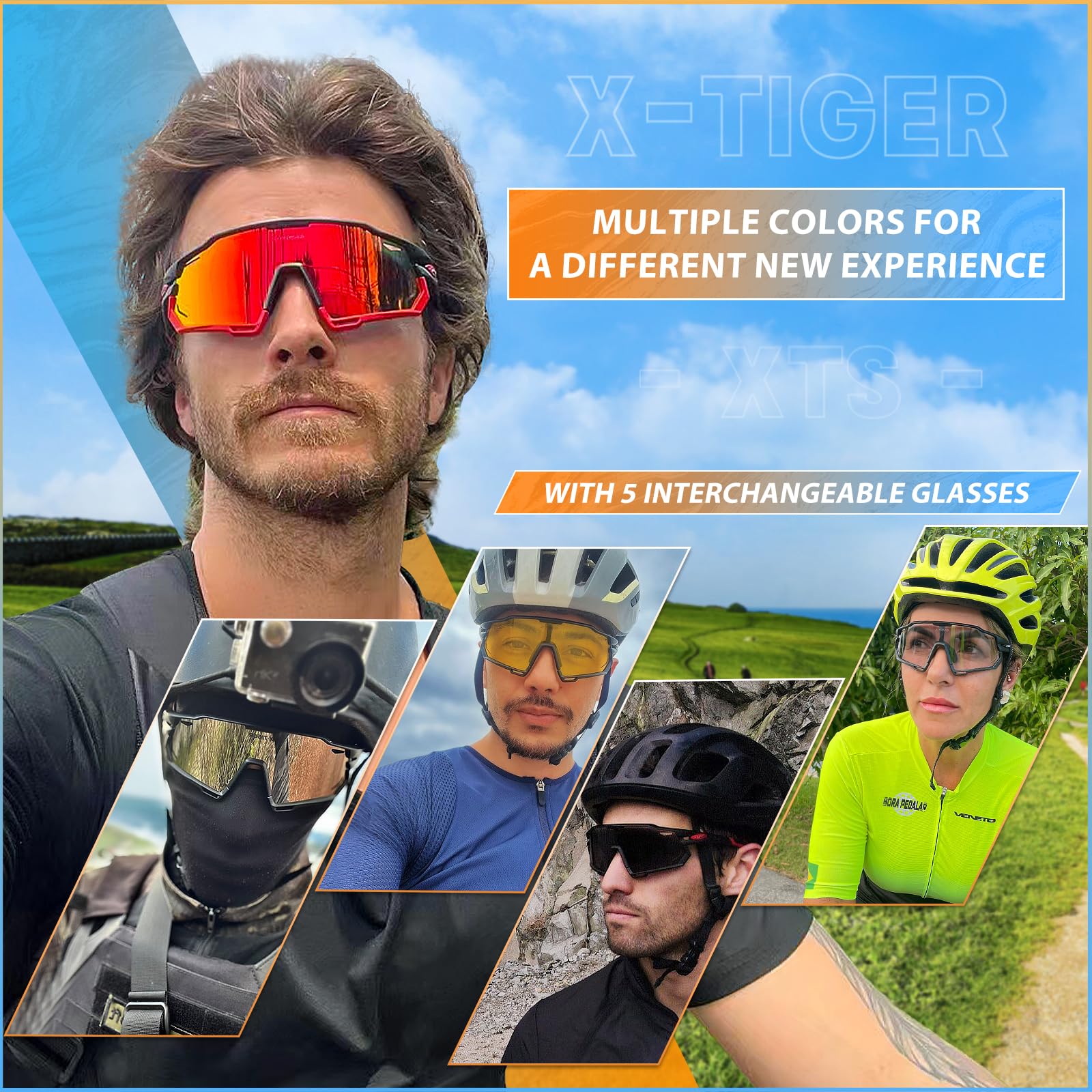 X-TIGER Lunettes de Cyclisme Lunettes de VTT Homme, Lunettes de Vélo avec 5 Lentilles Interchangeables Protection UV400, Montures TR90 résistantes au Stress, Pour Pêche Conduite Running Bicyclettes