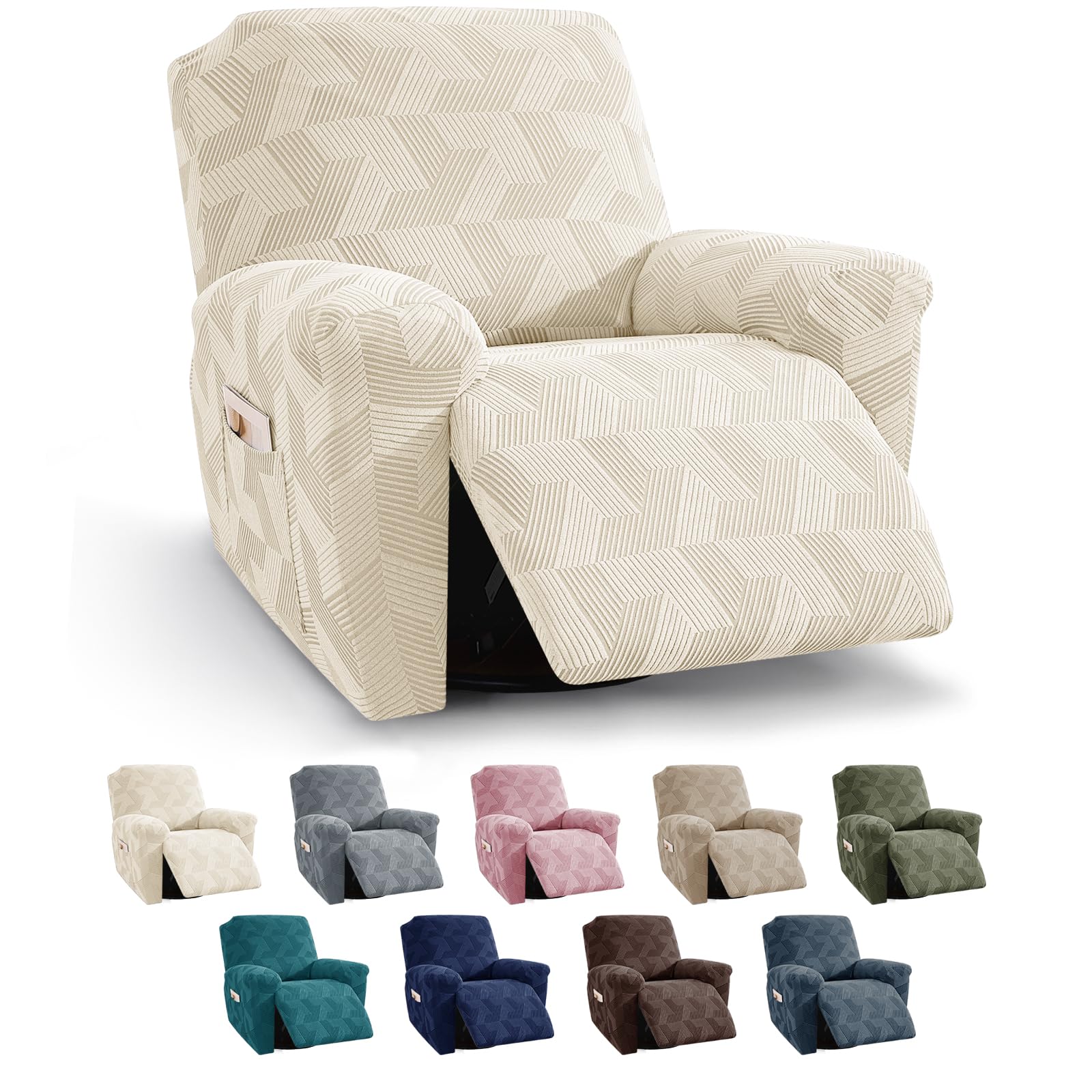 XINEAGE Recliner Chair Covers,3 Pieces Recliner Covers Geometrical Jacquard, Stretch Lazy Boy Recliner Slipcovers with Elastic Bottom for Pet, Kids (Recliner, Beige) — image 1