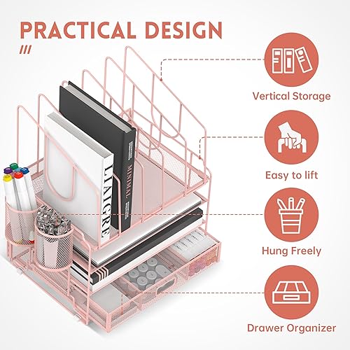 Miniatura 4 de DALTACK Organizador de escritorio de malla de 4 niveles con cajón, organizador de escritorio con 5 soportes verticales para archivos y 2 soportes