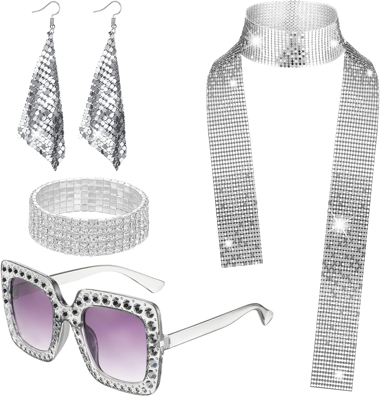 3 Pcs Disco Accessories Set, 1970 Disco Costume Set with Bling Long Scarf Earrings Rhinestone Sunglasses for Women Girls 70s 80s Theme Party Supplies