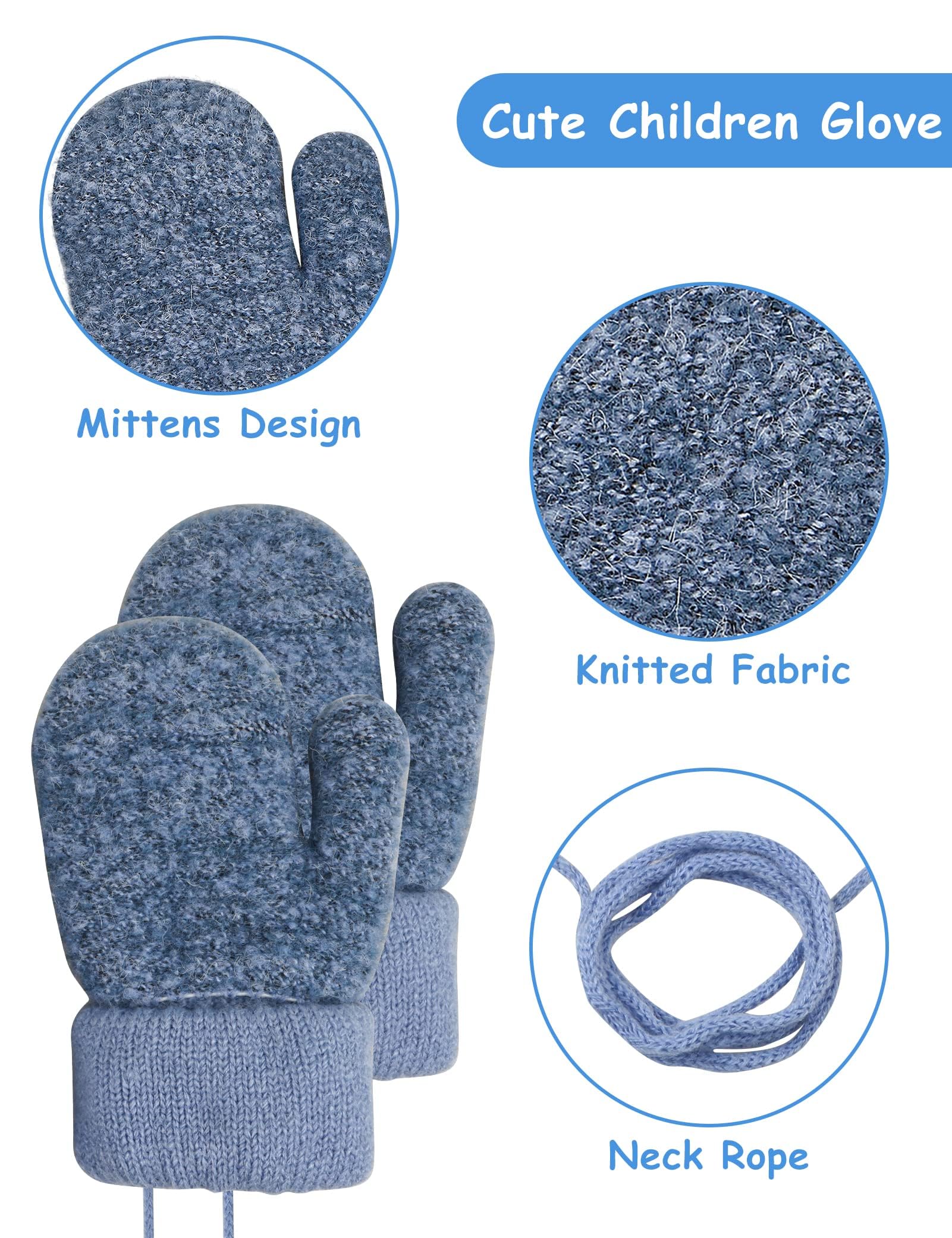 Becellen Guantes Invierno Niños Manoplas Guantes Termicos de Punto con Forro Polar Cuerda Cuello para Bebé Niños Niñas 0-3 Años