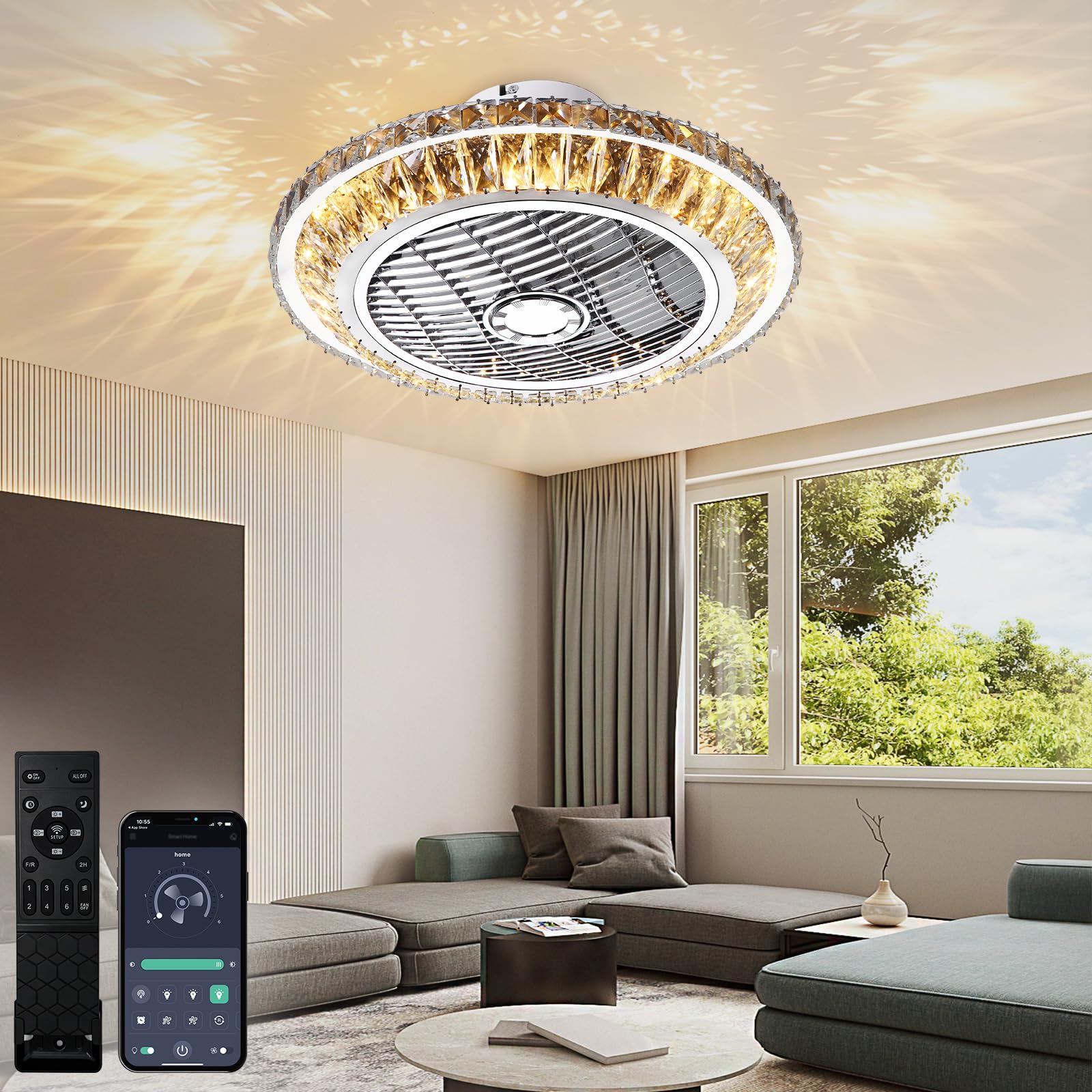 Crystal Ventilatori Da Soffitto Con Lampada 72W LED Fan Plafoniera Invisibile 3 Velocità Con Telecomando Dimmerabile Decorazione D'interni Illuminazione Camera Da Letto Ristorante Fan Lampadario(A)